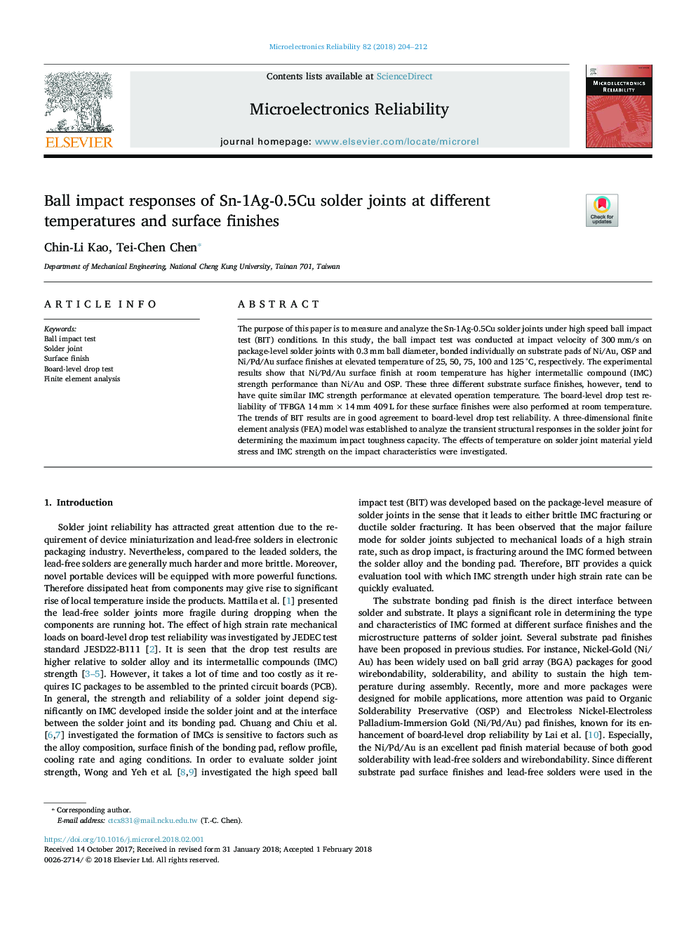 Ball impact responses of Sn-1Ag-0.5Cu solder joints at different temperatures and surface finishes