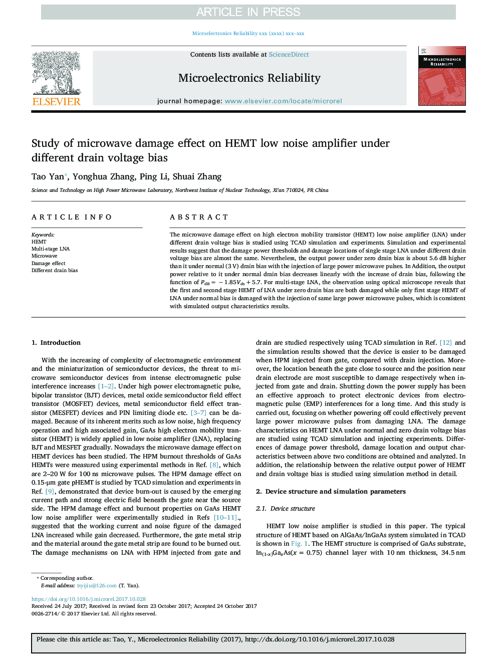 Study of microwave damage effect on HEMT low noise amplifier under different drain voltage bias