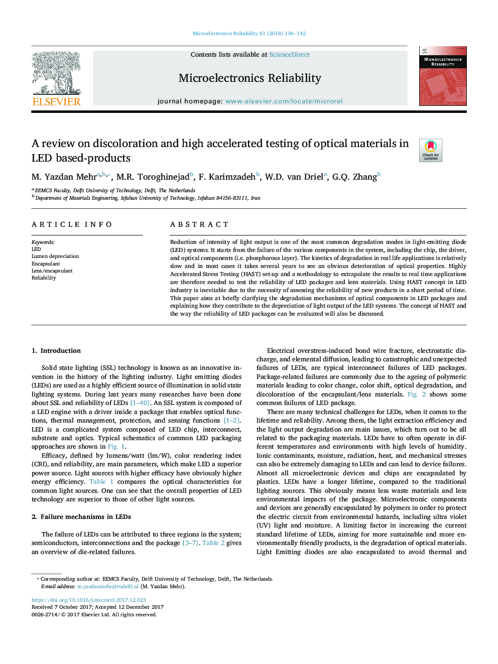 عکس صفحه اول مقاله: A review on discoloration and high accelerated testing of optical materials in LED based-products A review on discoloration and high accelerated testing of optical materials in LED based-products