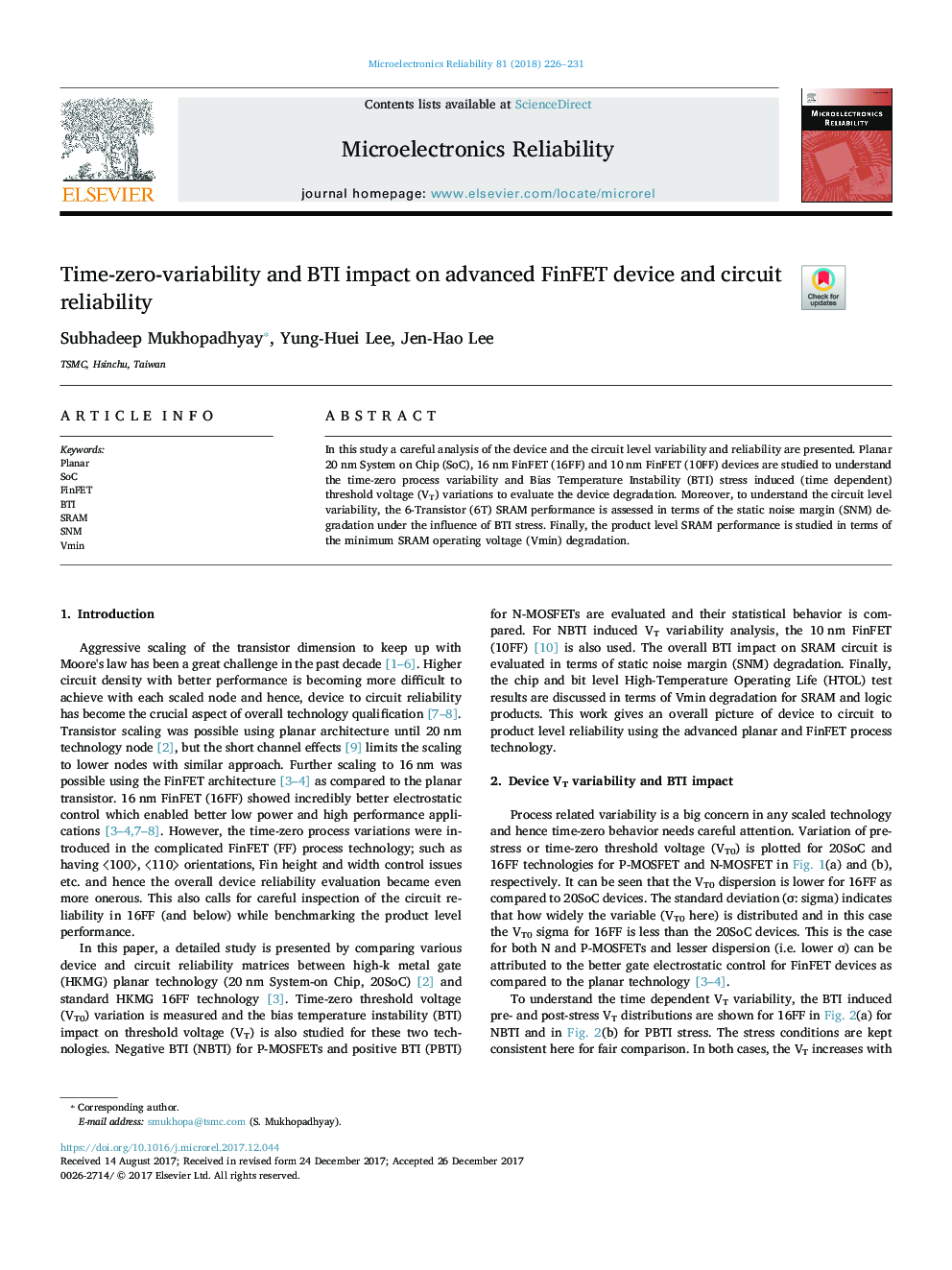 Time-zero-variability and BTI impact on advanced FinFET device and circuit reliability