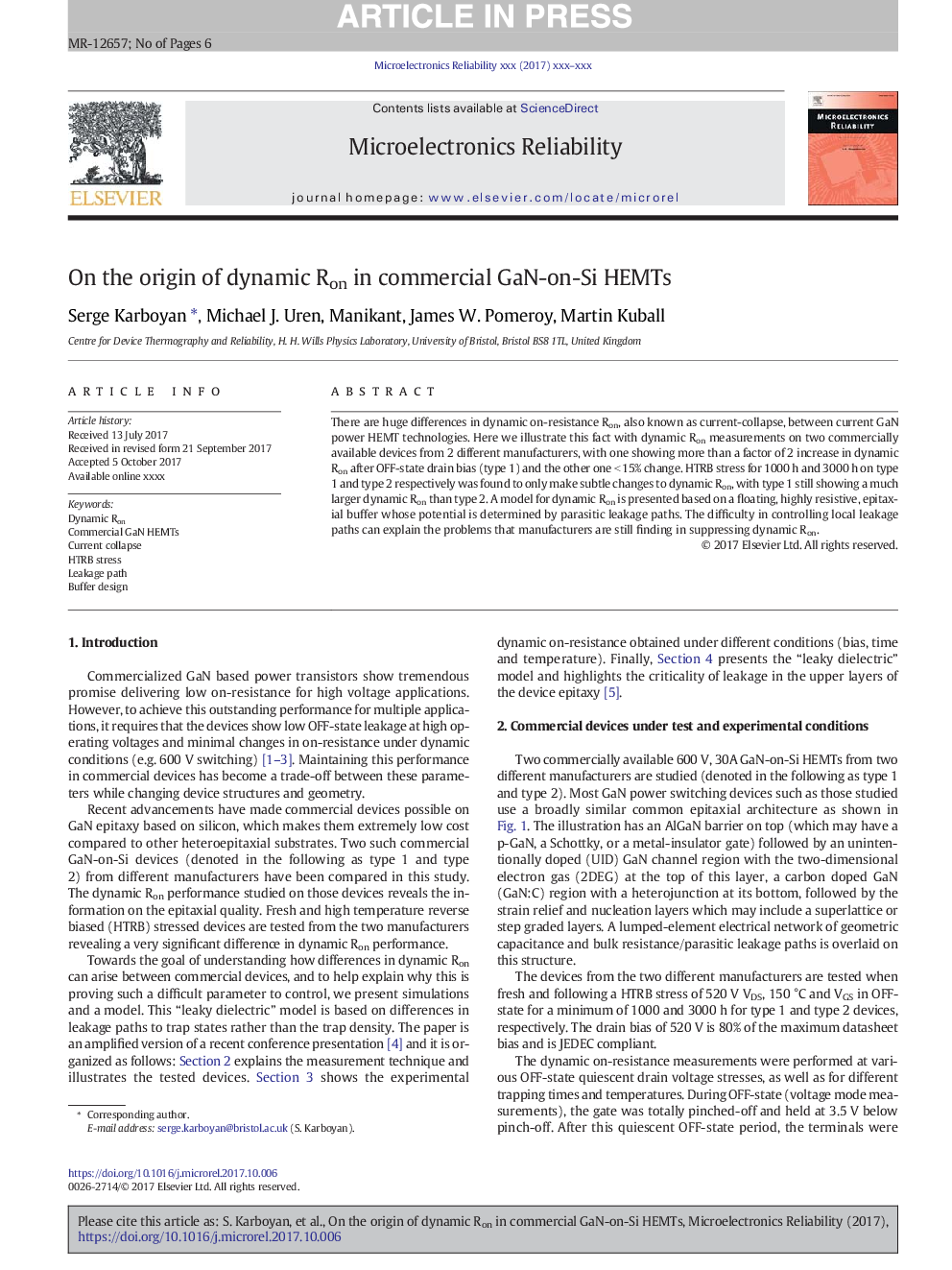عکس صفحه اول مقاله: On the origin of dynamic Ron in commercial GaN-on-Si HEMTs On the origin of dynamic Ron in commercial GaN-on-Si HEMTs