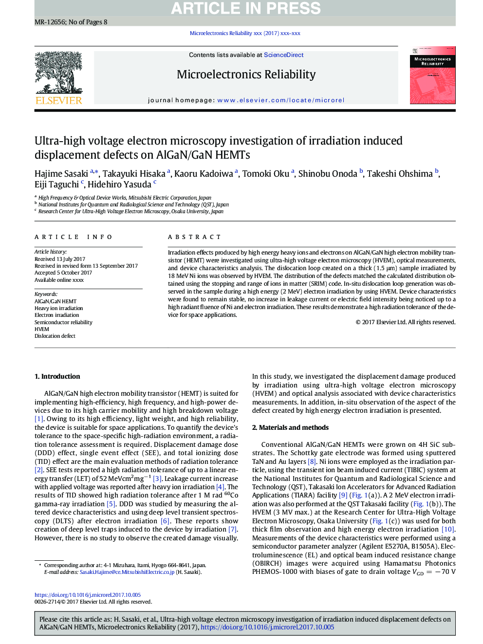 عکس صفحه اول مقاله: Ultra-high voltage electron microscopy investigation of irradiation induced displacement defects on AlGaN/GaN HEMTs Ultra-high voltage electron microscopy investigation of irradiation induced displacement defects on AlGaN/GaN HEMTs