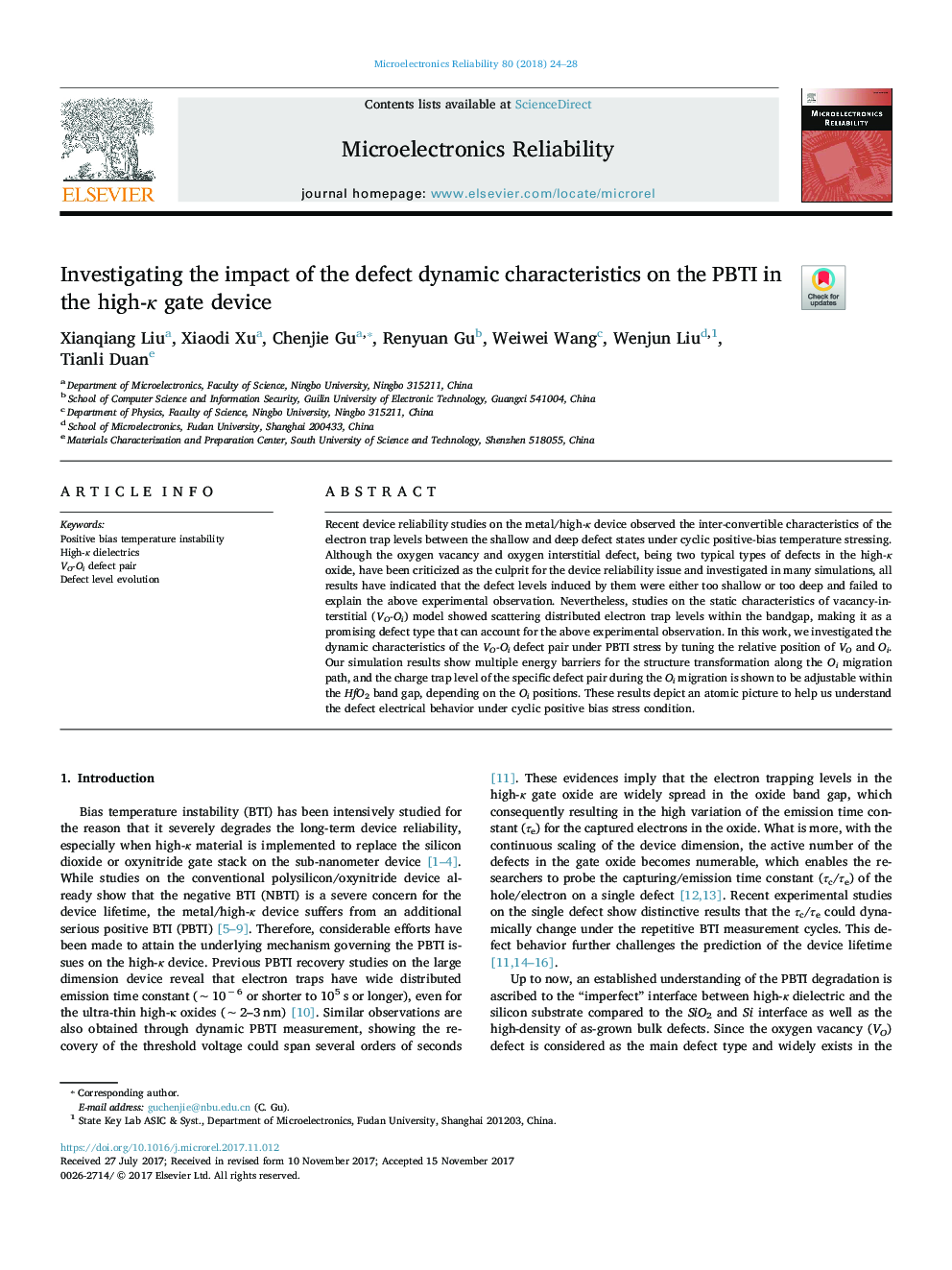 عکس صفحه اول مقاله: Investigating the impact of the defect dynamic characteristics on the PBTI in the high-κ gate device Investigating the impact of the defect dynamic characteristics on the PBTI in the high-κ gate device