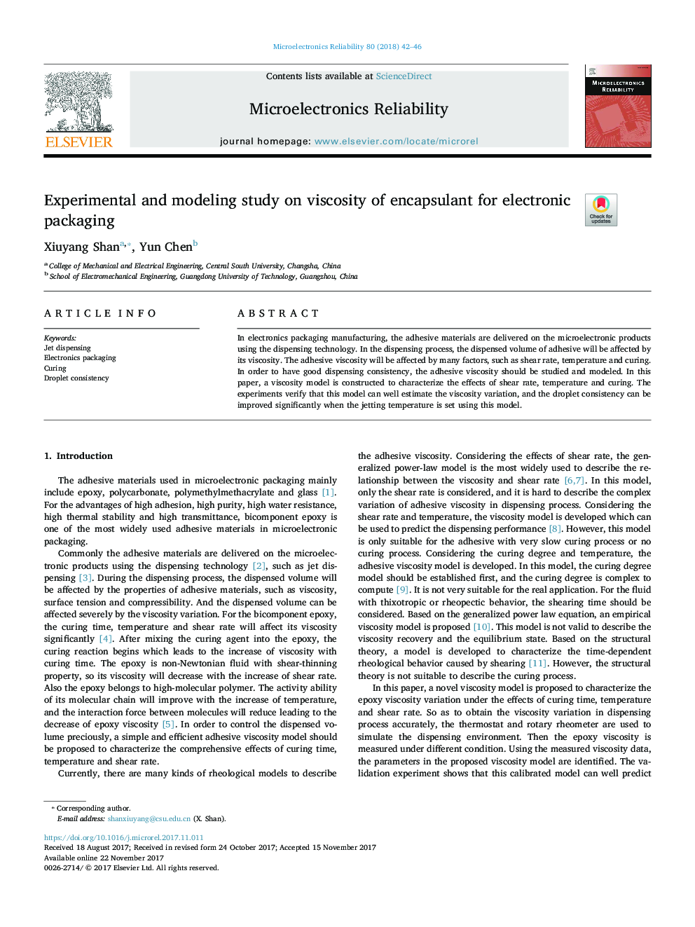 Experimental and modeling study on viscosity of encapsulant for electronic packaging