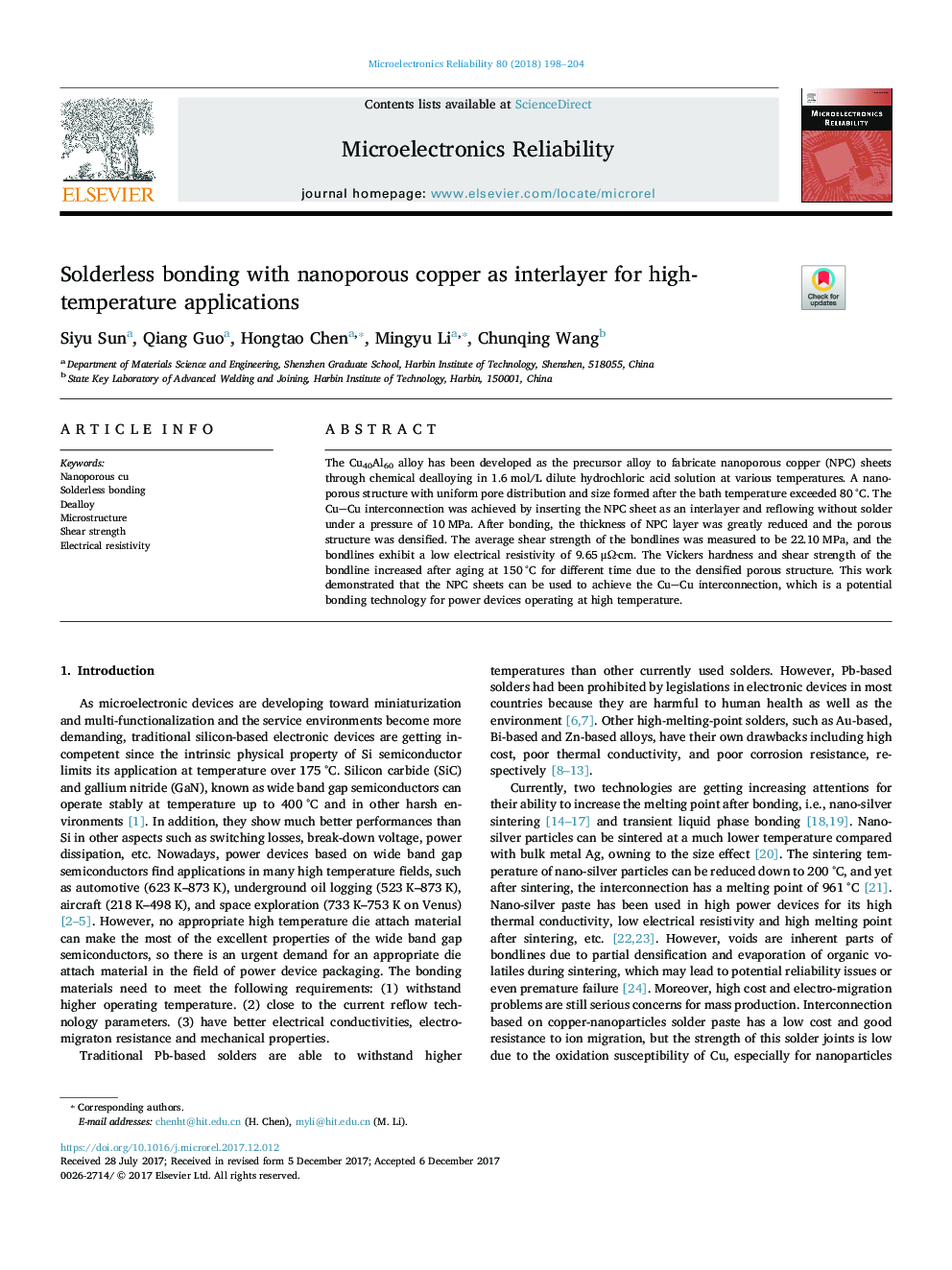 Solderless bonding with nanoporous copper as interlayer for high-temperature applications