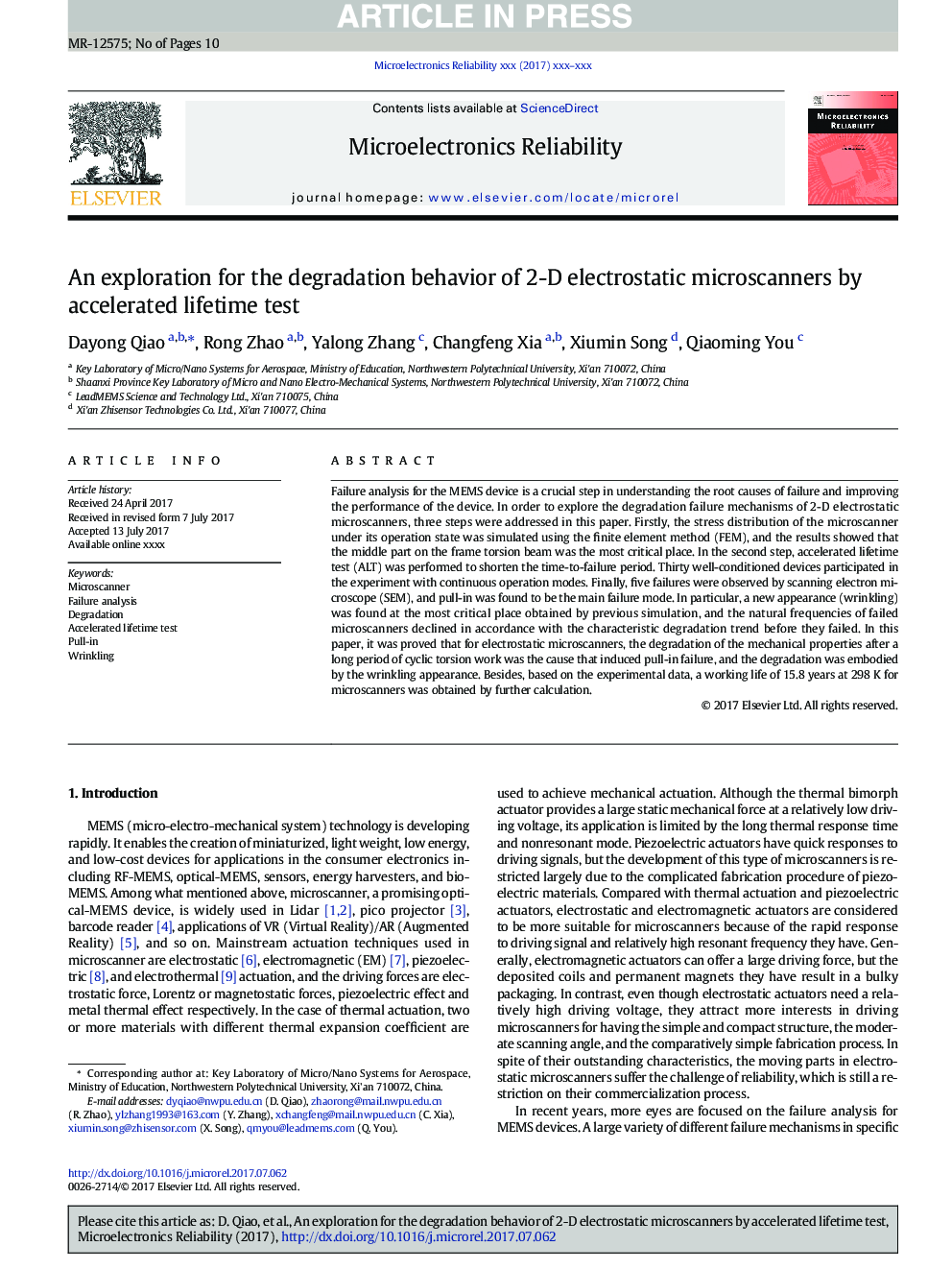 An exploration for the degradation behavior of 2-D electrostatic microscanners by accelerated lifetime test