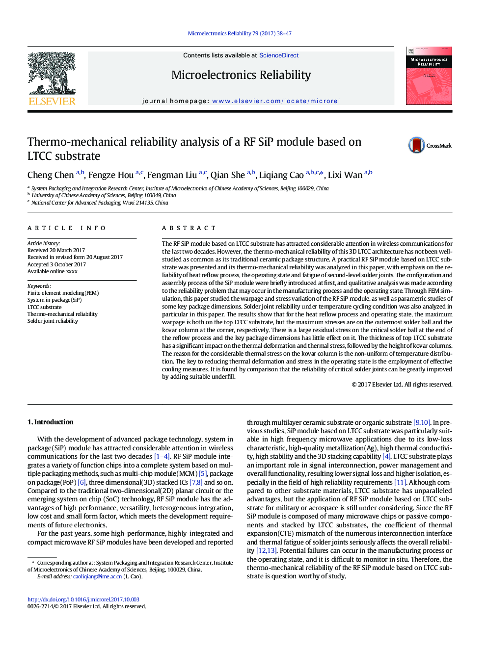 Thermo-mechanical reliability analysis of a RF SiP module based on LTCC substrate