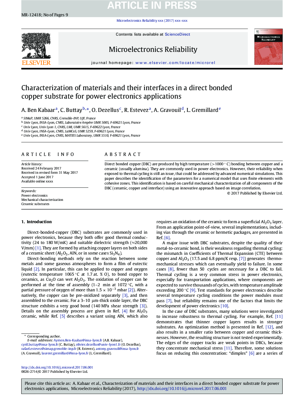 Characterization of materials and their interfaces in a direct bonded copper substrate for power electronics applications