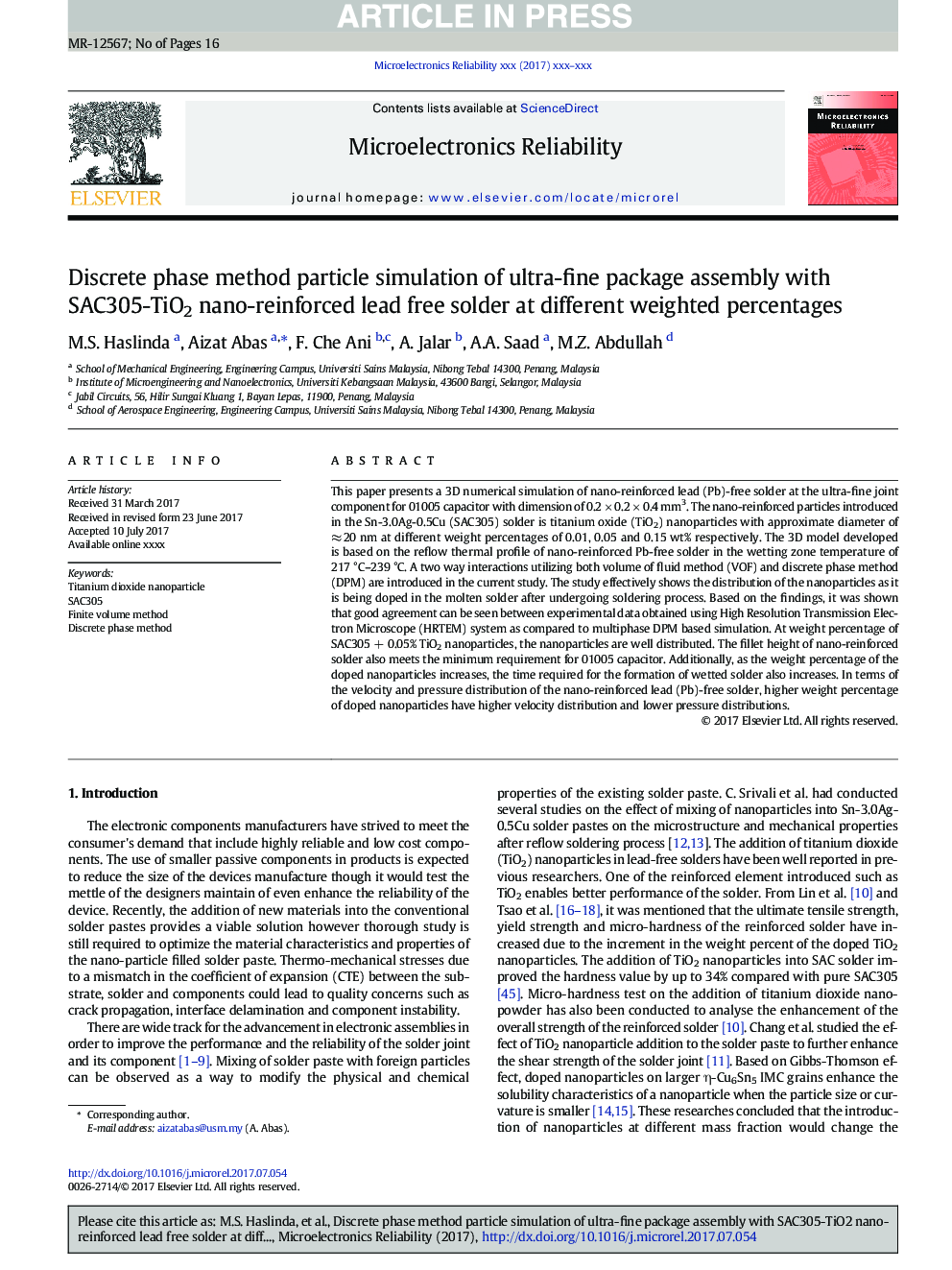 Discrete phase method particle simulation of ultra-fine package assembly with SAC305-TiO2 nano-reinforced lead free solder at different weighted percentages