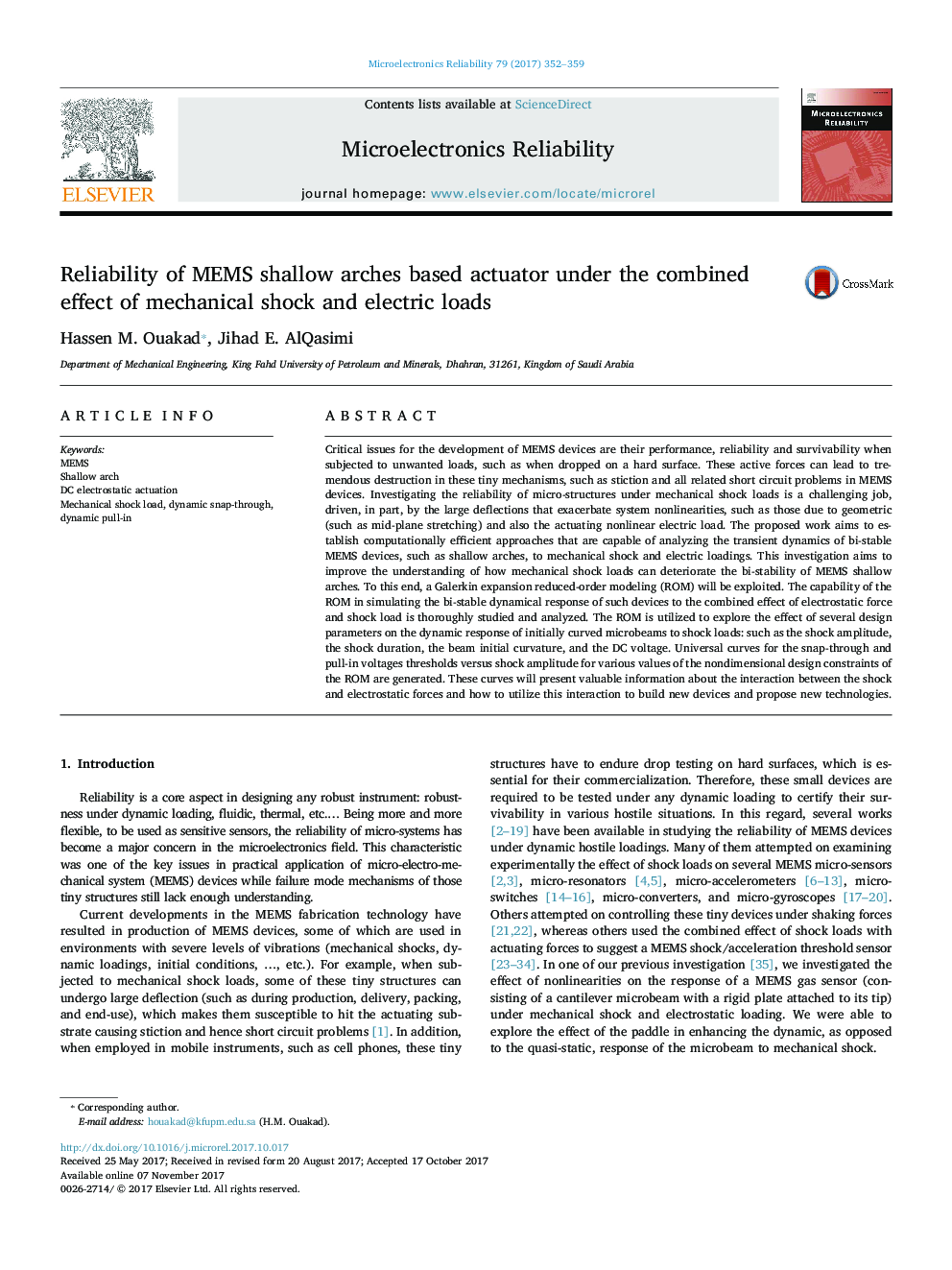 Reliability of MEMS shallow arches based actuator under the combined effect of mechanical shock and electric loads