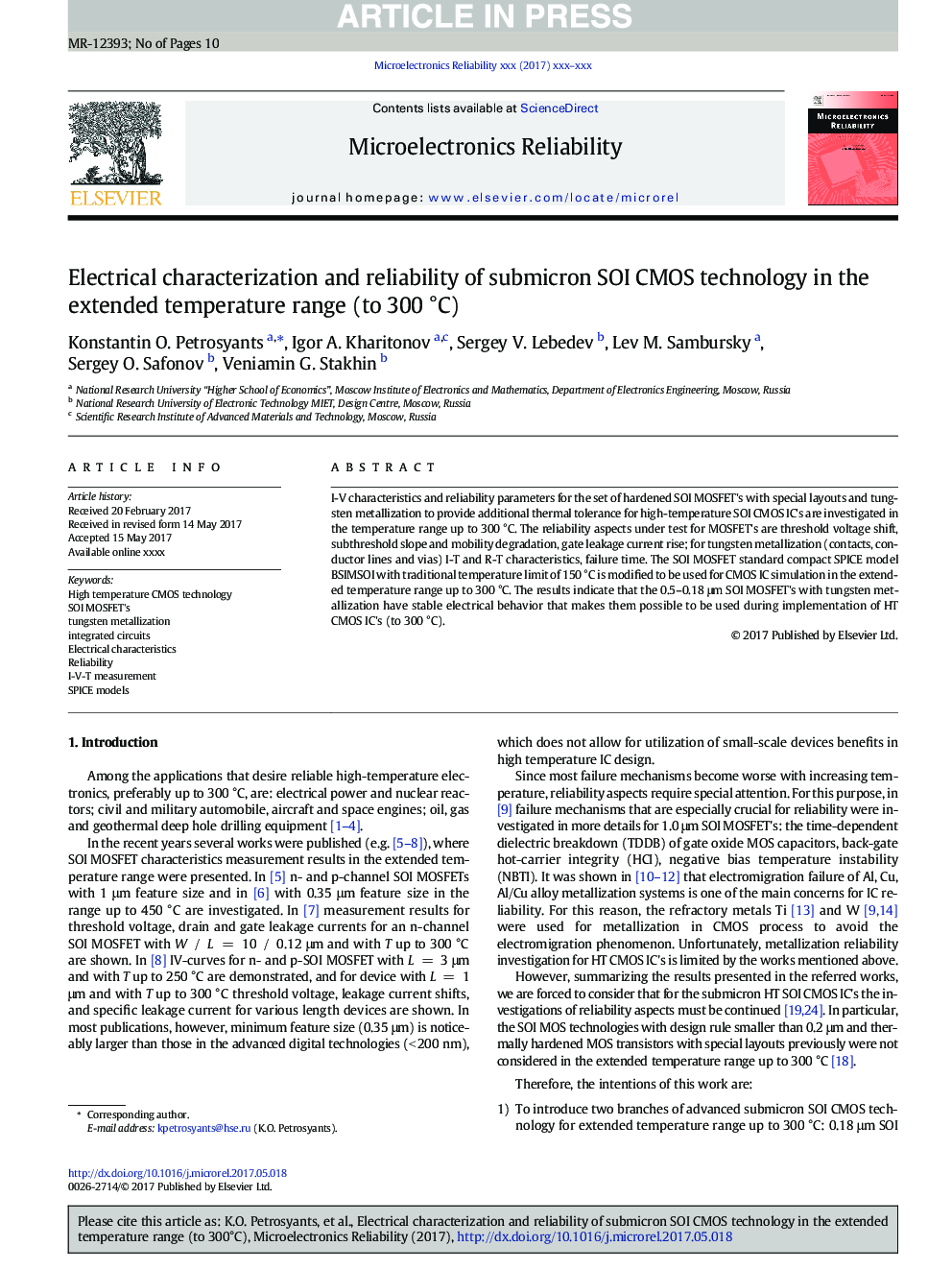 Electrical characterization and reliability of submicron SOI CMOS technology in the extended temperature range (to 300Â Â°C)