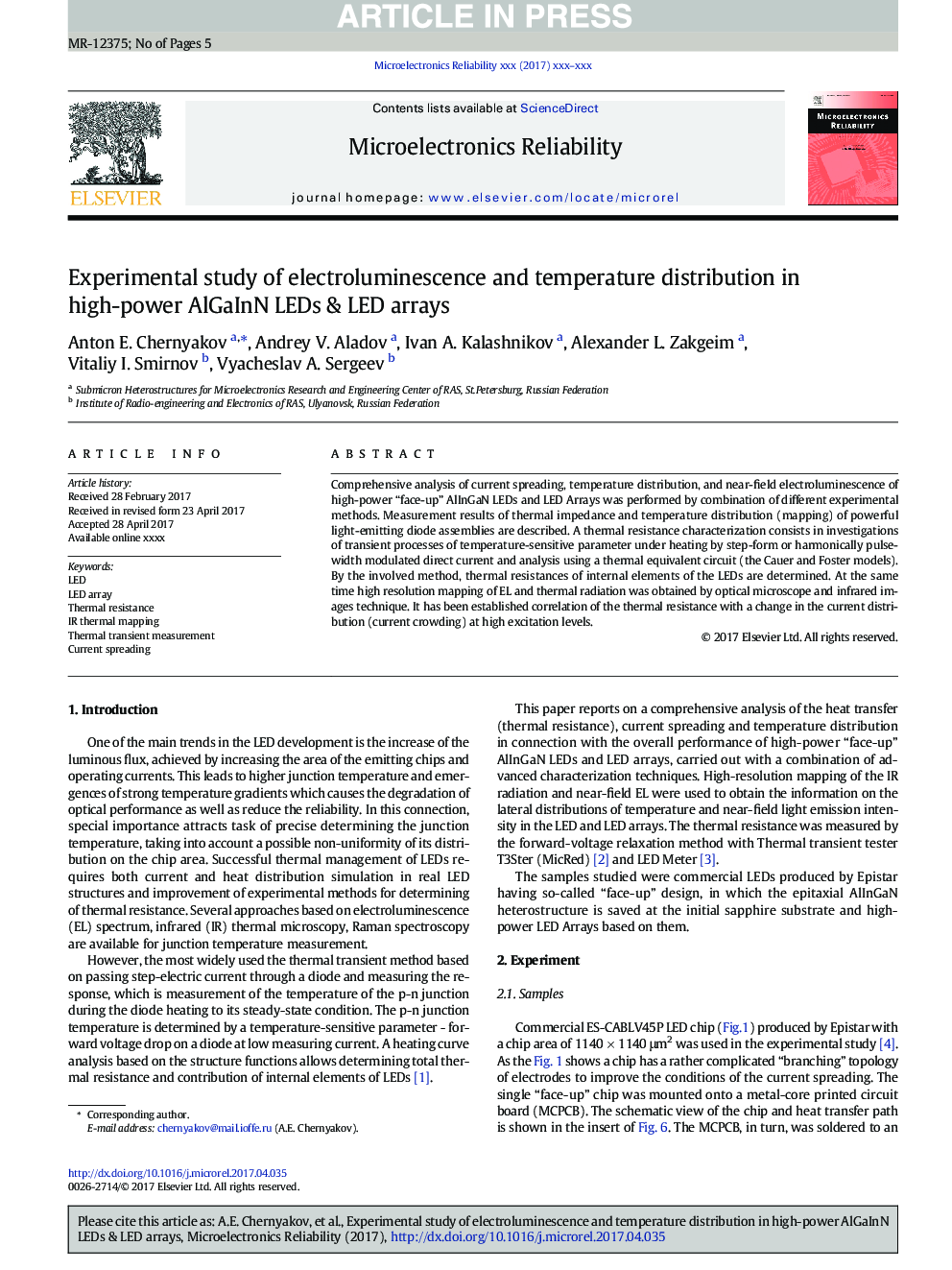 Experimental study of electroluminescence and temperature distribution in high-power AlGaInN LEDs & LED arrays