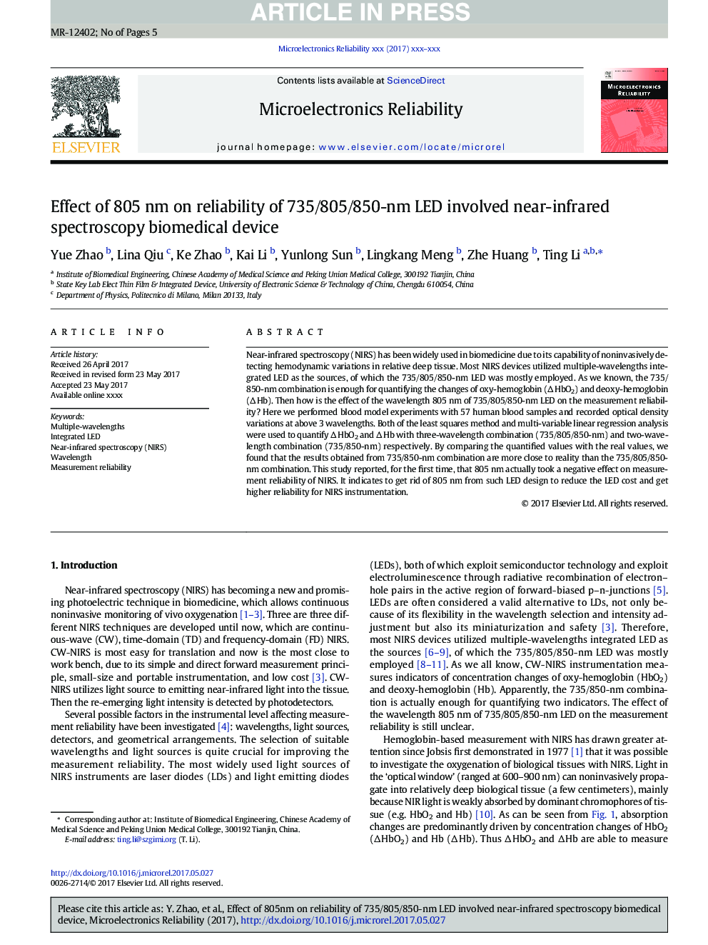 Effect of 805Â nm on reliability of 735/805/850-nm LED involved near-infrared spectroscopy biomedical device