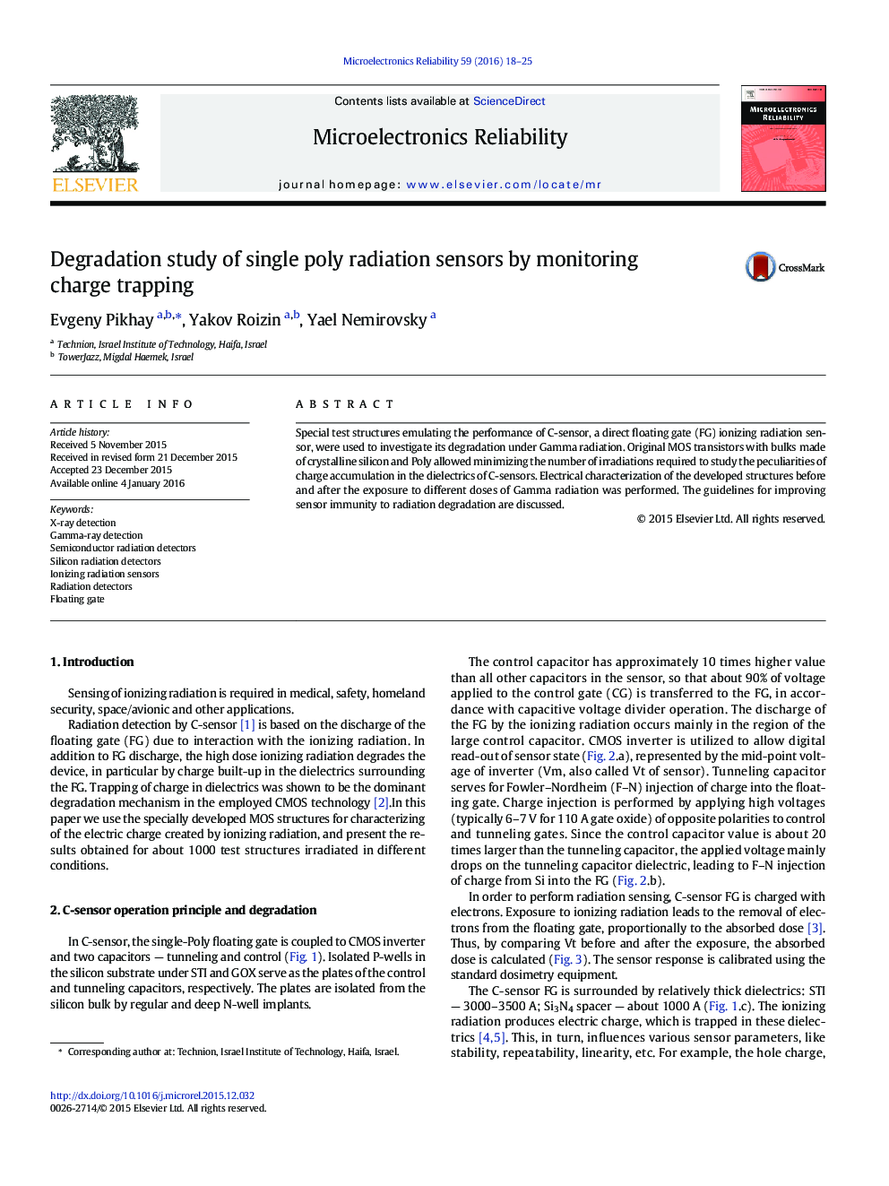 Degradation study of single poly radiation sensors by monitoring charge trapping