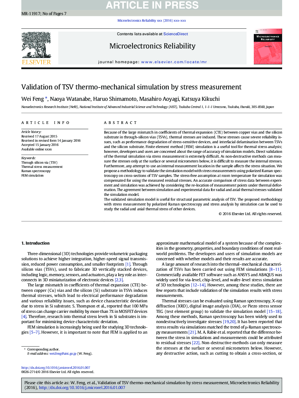 Validation of TSV thermo-mechanical simulation by stress measurement