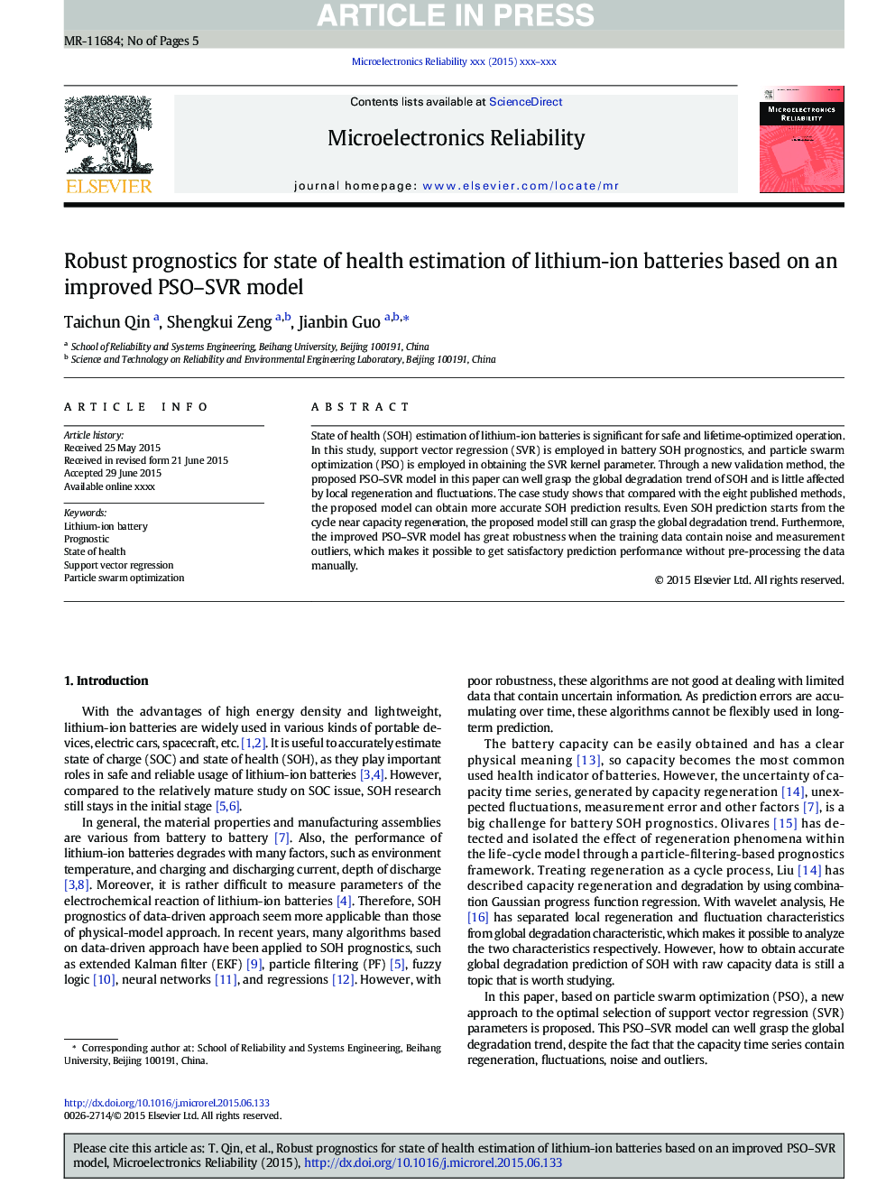 Robust prognostics for state of health estimation of lithium-ion batteries based on an improved PSO-SVR model