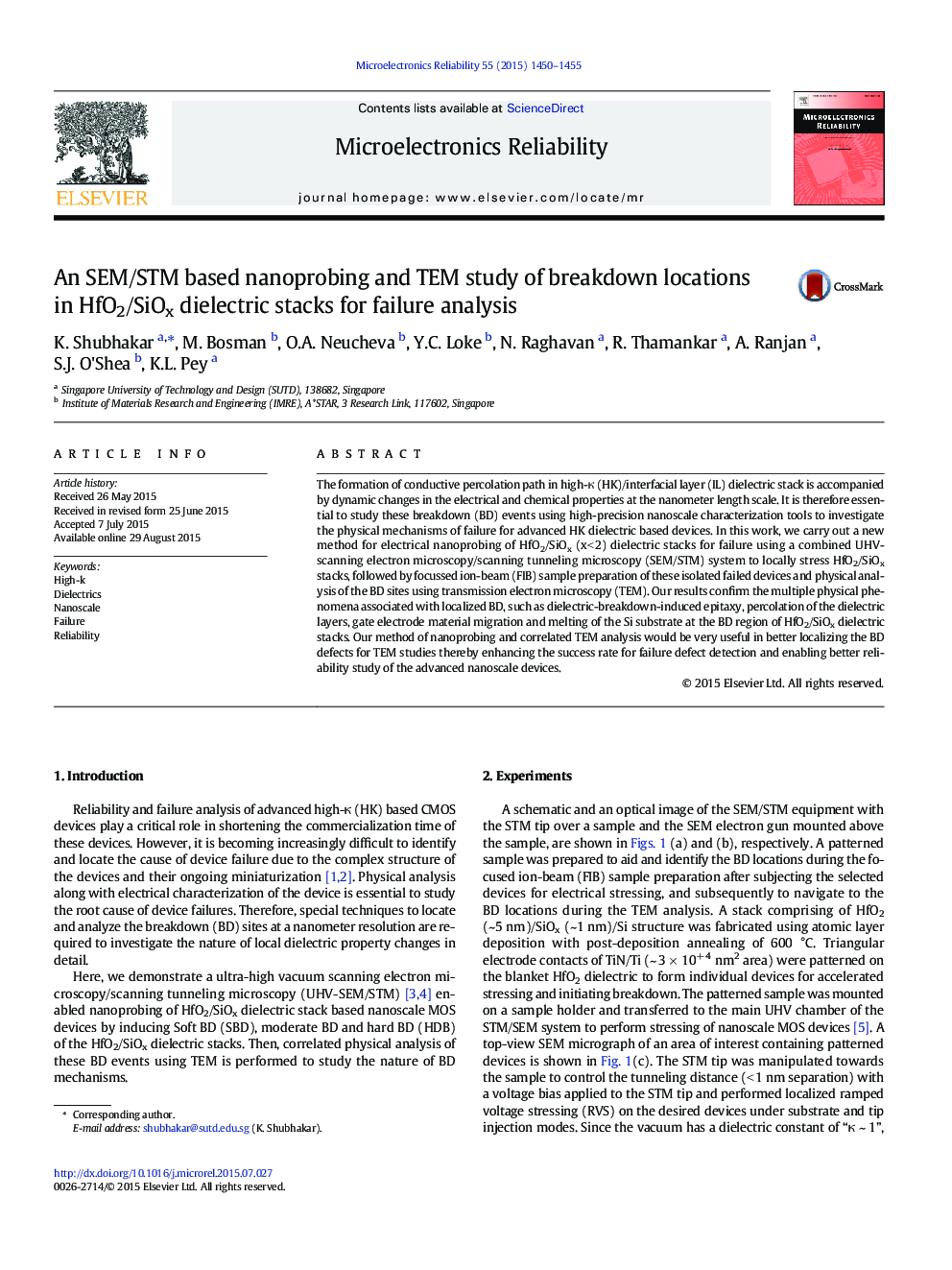 An SEM/STM based nanoprobing and TEM study of breakdown locations in HfO2/SiOx dielectric stacks for failure analysis