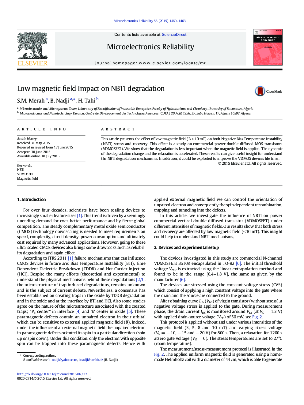 عکس صفحه اول مقاله: Low magnetic field Impact on NBTI degradation Low magnetic field Impact on NBTI degradation