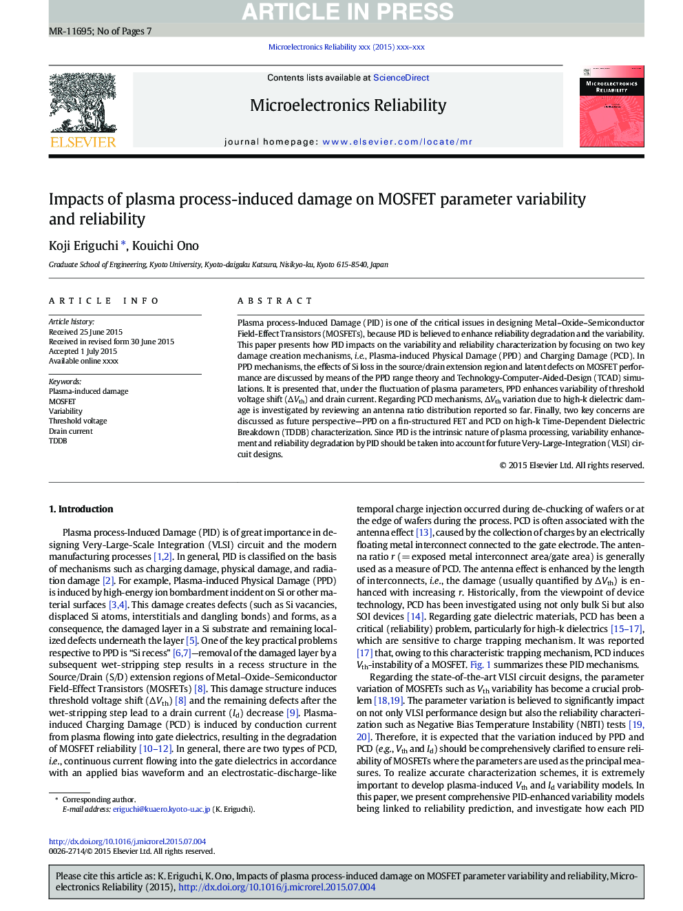 Impacts of plasma process-induced damage on MOSFET parameter variability and reliability