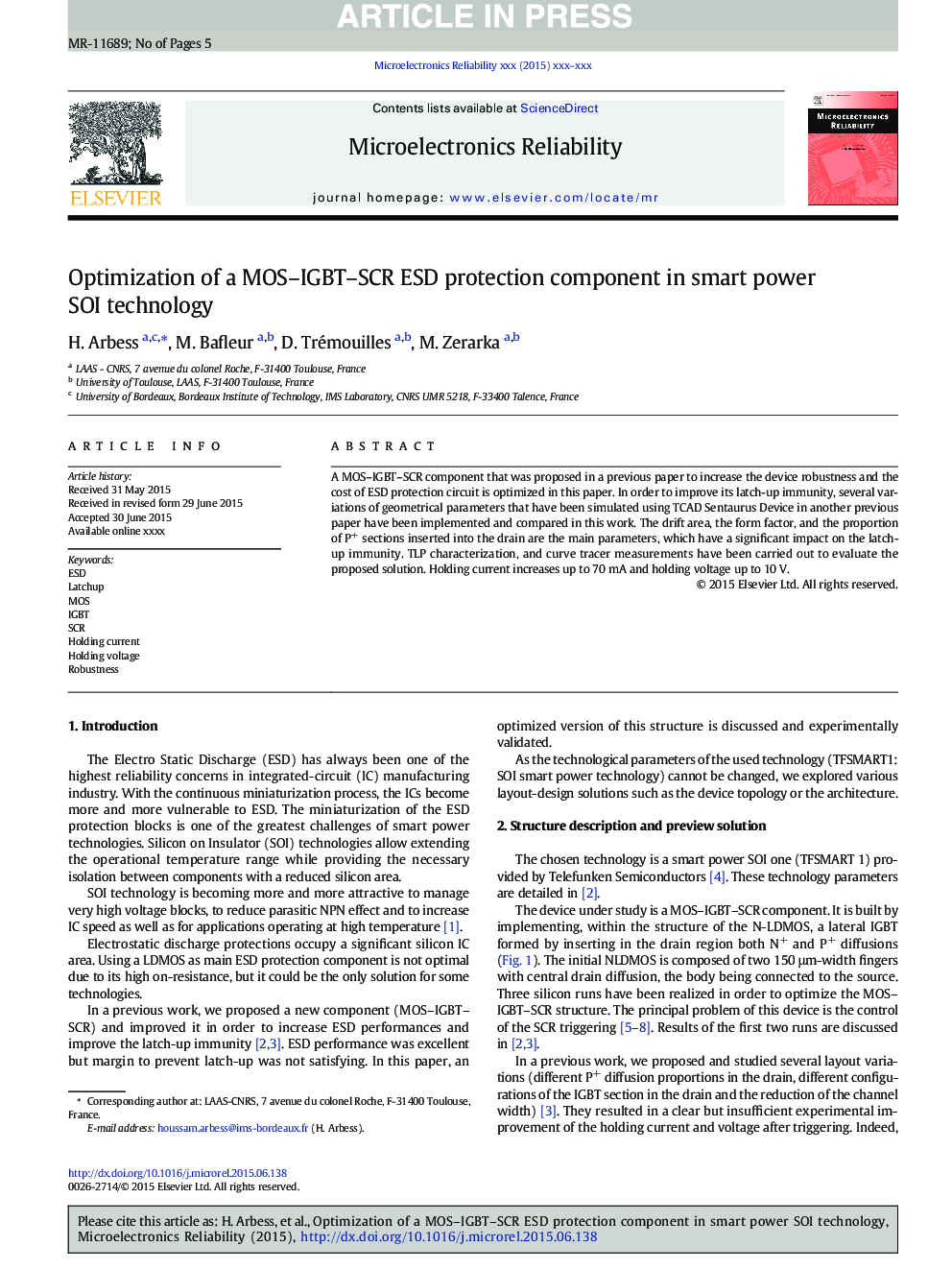 عکس صفحه اول مقاله: Optimization of a MOS-IGBT-SCR ESD protection component in smart power SOI technology Optimization of a MOS-IGBT-SCR ESD protection component in smart power SOI technology