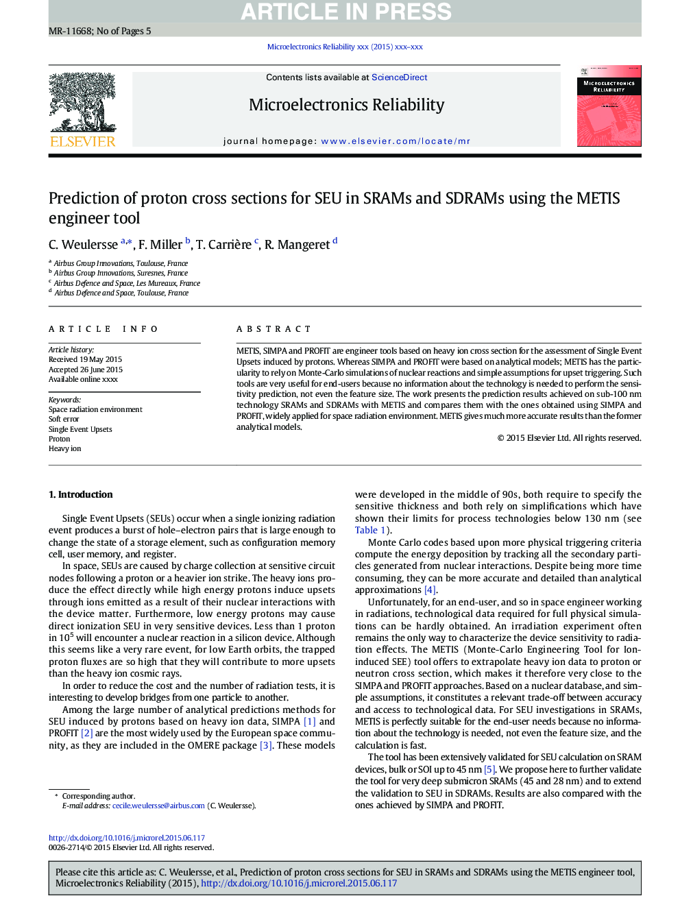 عکس صفحه اول مقاله: Prediction of proton cross sections for SEU in SRAMs and SDRAMs using the METIS engineer tool Prediction of proton cross sections for SEU in SRAMs and SDRAMs using the METIS engineer tool