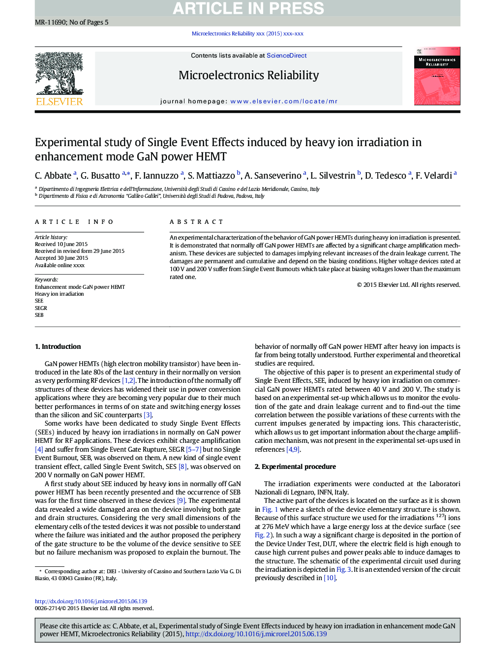 Experimental study of Single Event Effects induced by heavy ion irradiation in enhancement mode GaN power HEMT