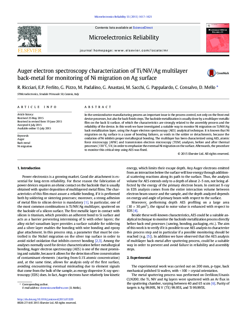 Auger electron spectroscopy characterization of Ti/NiV/Ag multilayer back-metal for monitoring of Ni migration on Ag surface