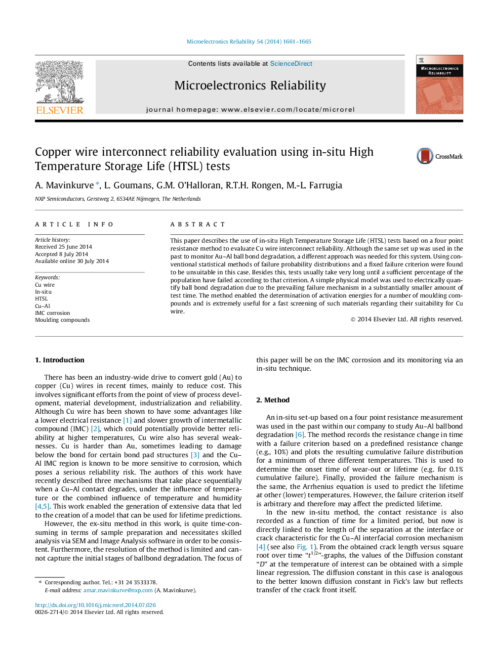 Copper wire interconnect reliability evaluation using in-situ High Temperature Storage Life (HTSL) tests