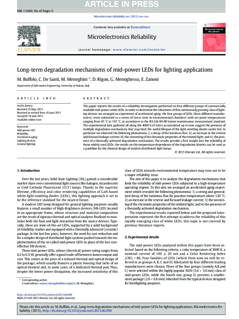 عکس صفحه اول مقاله: Long-term degradation mechanisms of mid-power LEDs for lighting applications Long-term degradation mechanisms of mid-power LEDs for lighting applications