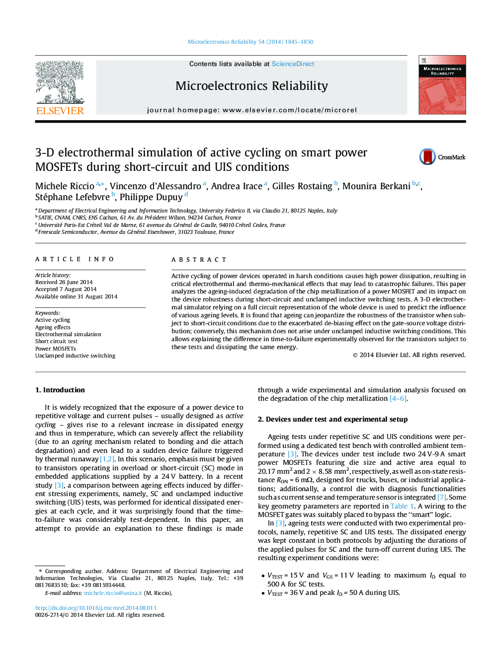 3-D electrothermal simulation of active cycling on smart power MOSFETs during short-circuit and UIS conditions