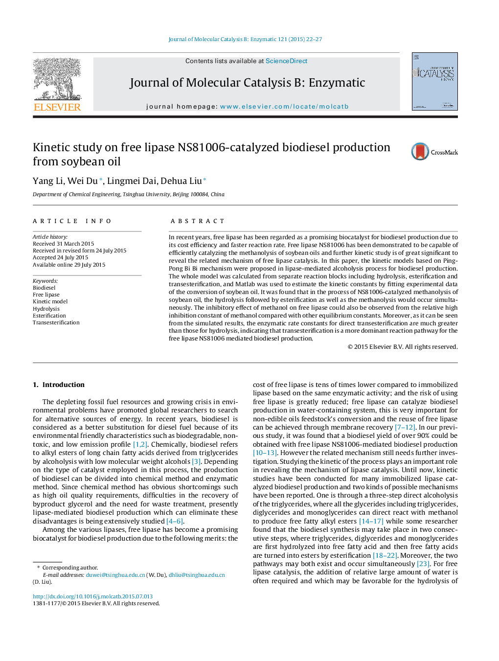 Kinetic study on free lipase NS81006-catalyzed biodiesel production from soybean oil