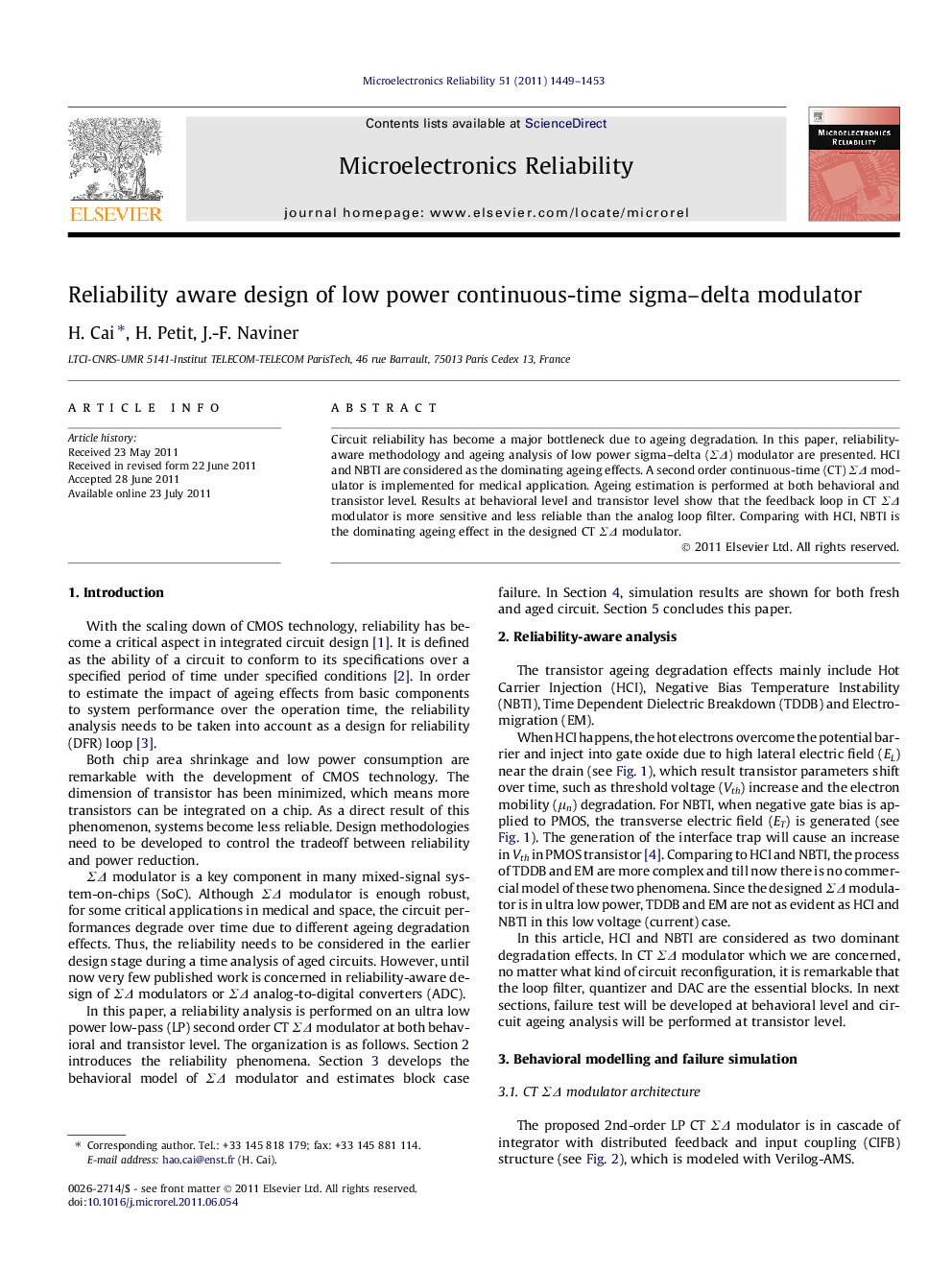 عکس صفحه اول مقاله: Reliability aware design of low power continuous-time sigma-delta modulator Reliability aware design of low power continuous-time sigma-delta modulator