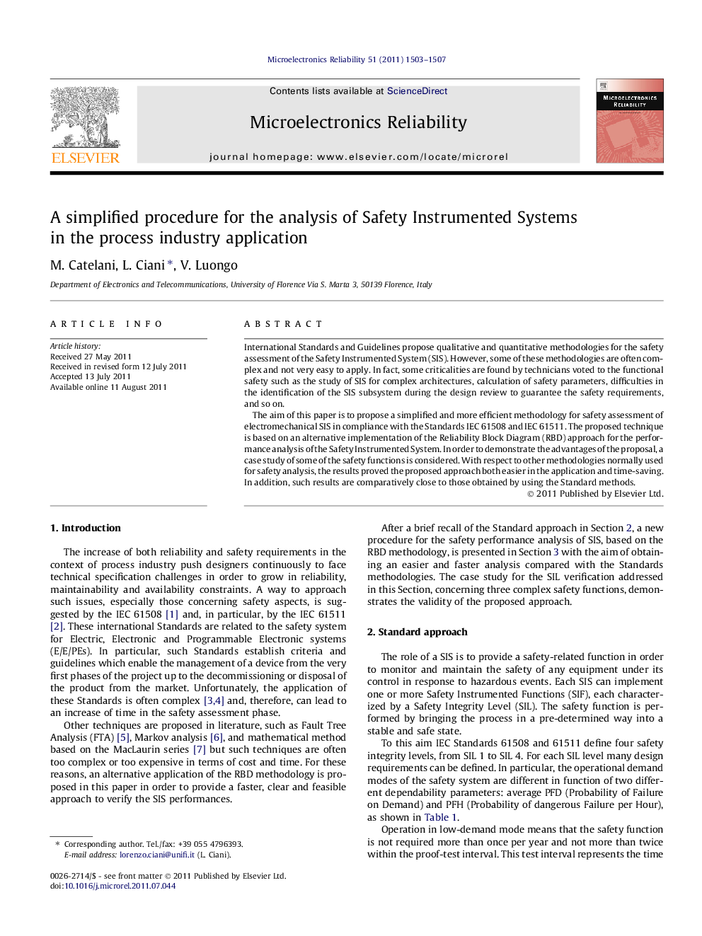 A simplified procedure for the analysis of Safety Instrumented Systems in the process industry application