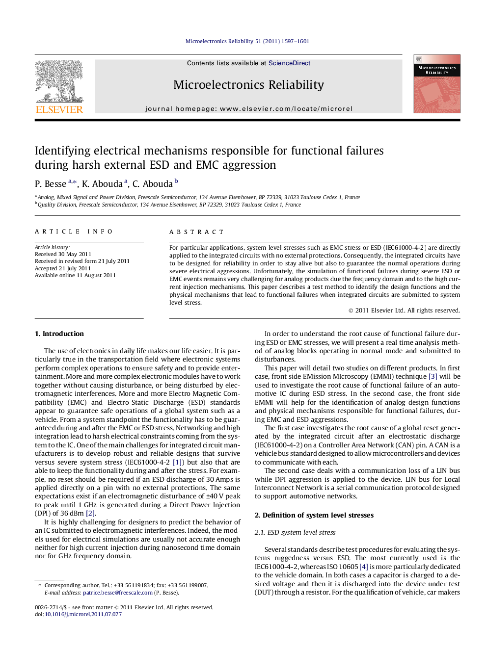 عکس صفحه اول مقاله: Identifying electrical mechanisms responsible for functional failures during harsh external ESD and EMC aggression Identifying electrical mechanisms responsible for functional failures during harsh external ESD and EMC aggression