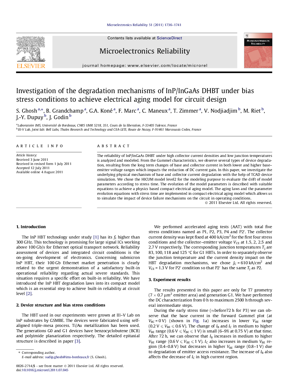 عکس صفحه اول مقاله: Investigation of the degradation mechanisms of InP/InGaAs DHBT under bias stress conditions to achieve electrical aging model for circuit design Investigation of the degradation mechanisms of InP/InGaAs DHBT under bias stress conditions to achieve electrical aging model for circuit design