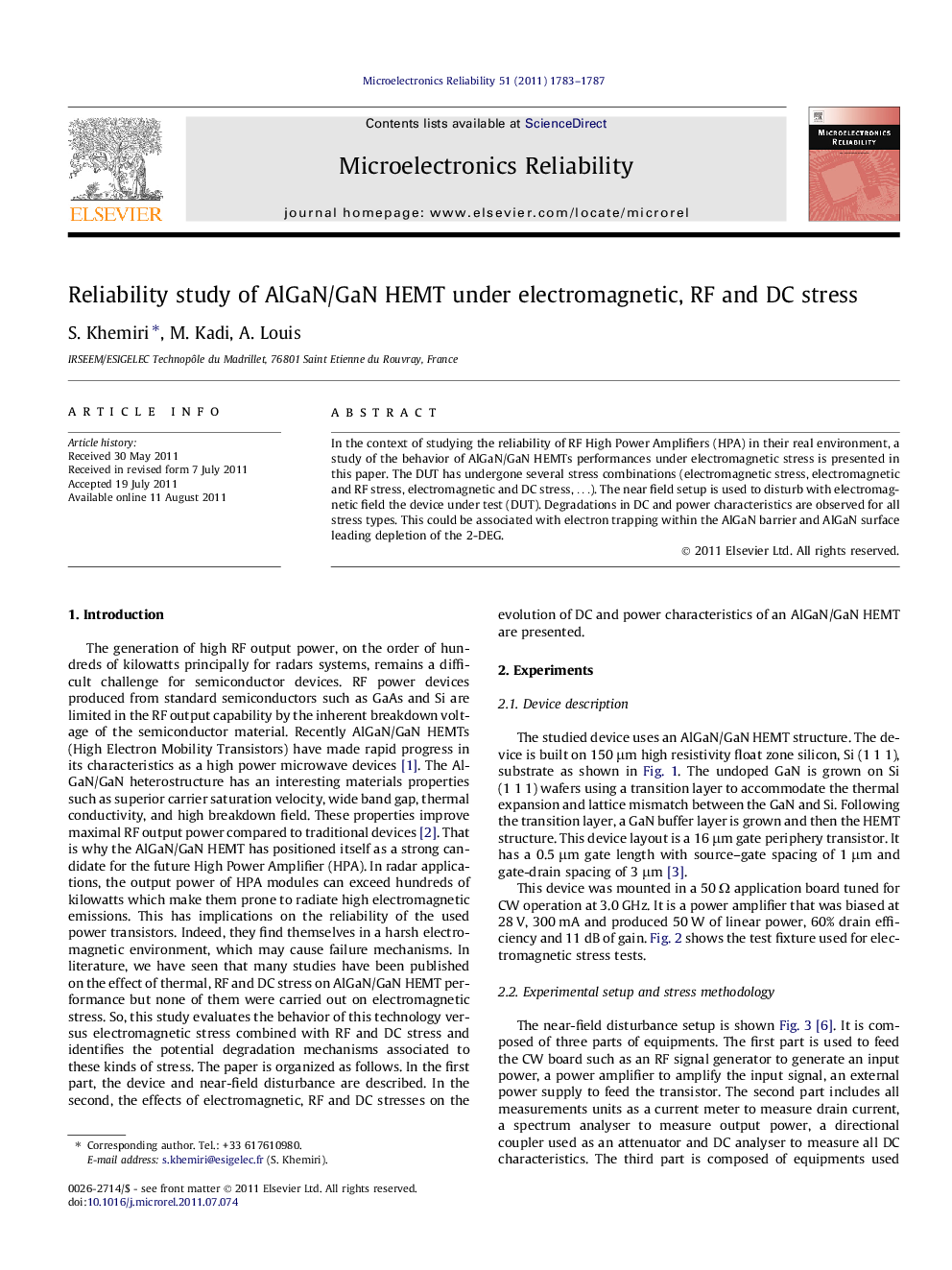 Reliability study of AlGaN/GaN HEMT under electromagnetic, RF and DC stress