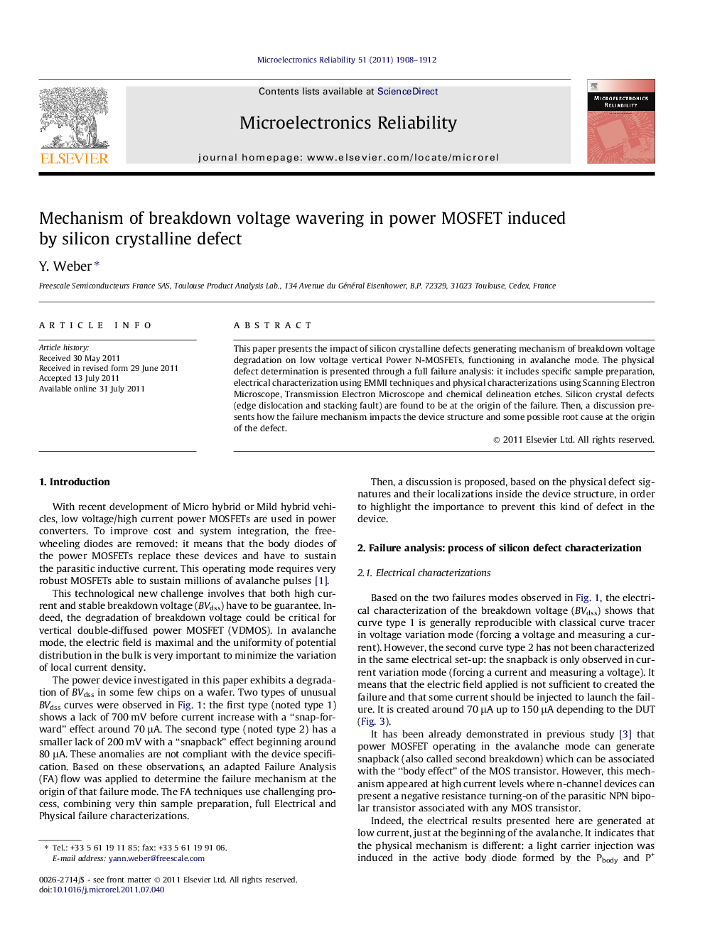 عکس صفحه اول مقاله: Mechanism of breakdown voltage wavering in power MOSFET induced by silicon crystalline defect Mechanism of breakdown voltage wavering in power MOSFET induced by silicon crystalline defect