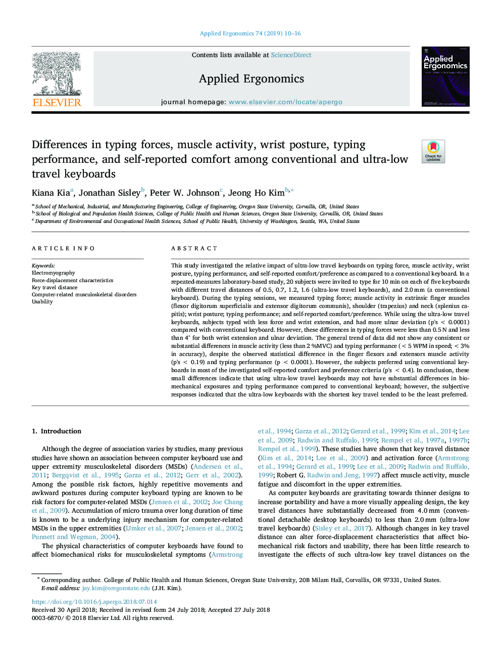 Differences in typing forces, muscle activity, wrist posture, typing performance, and self-reported comfort among conventional and ultra-low travel keyboards