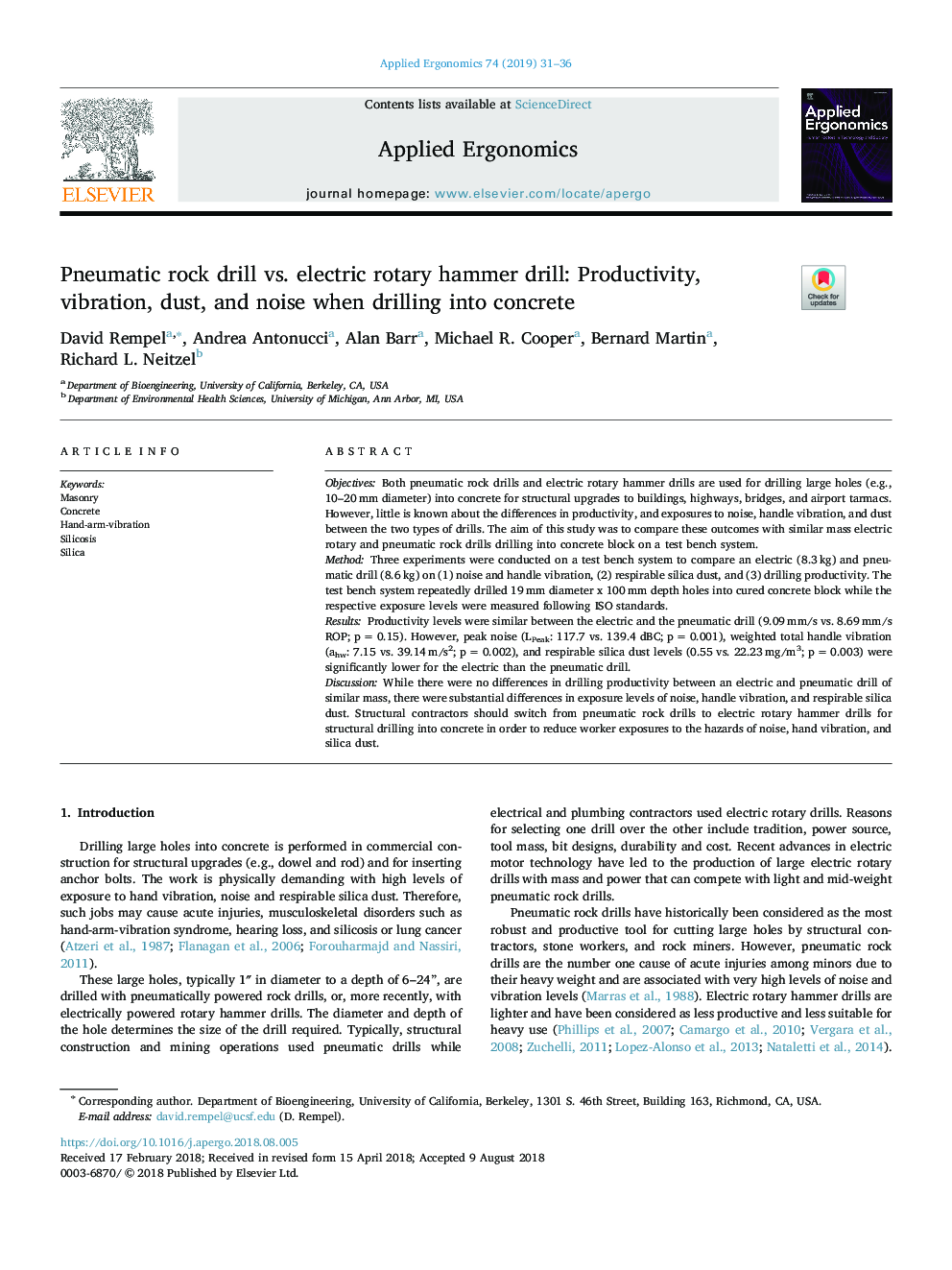 Pneumatic rock drill vs. electric rotary hammer drill: Productivity, vibration, dust, and noise when drilling into concrete