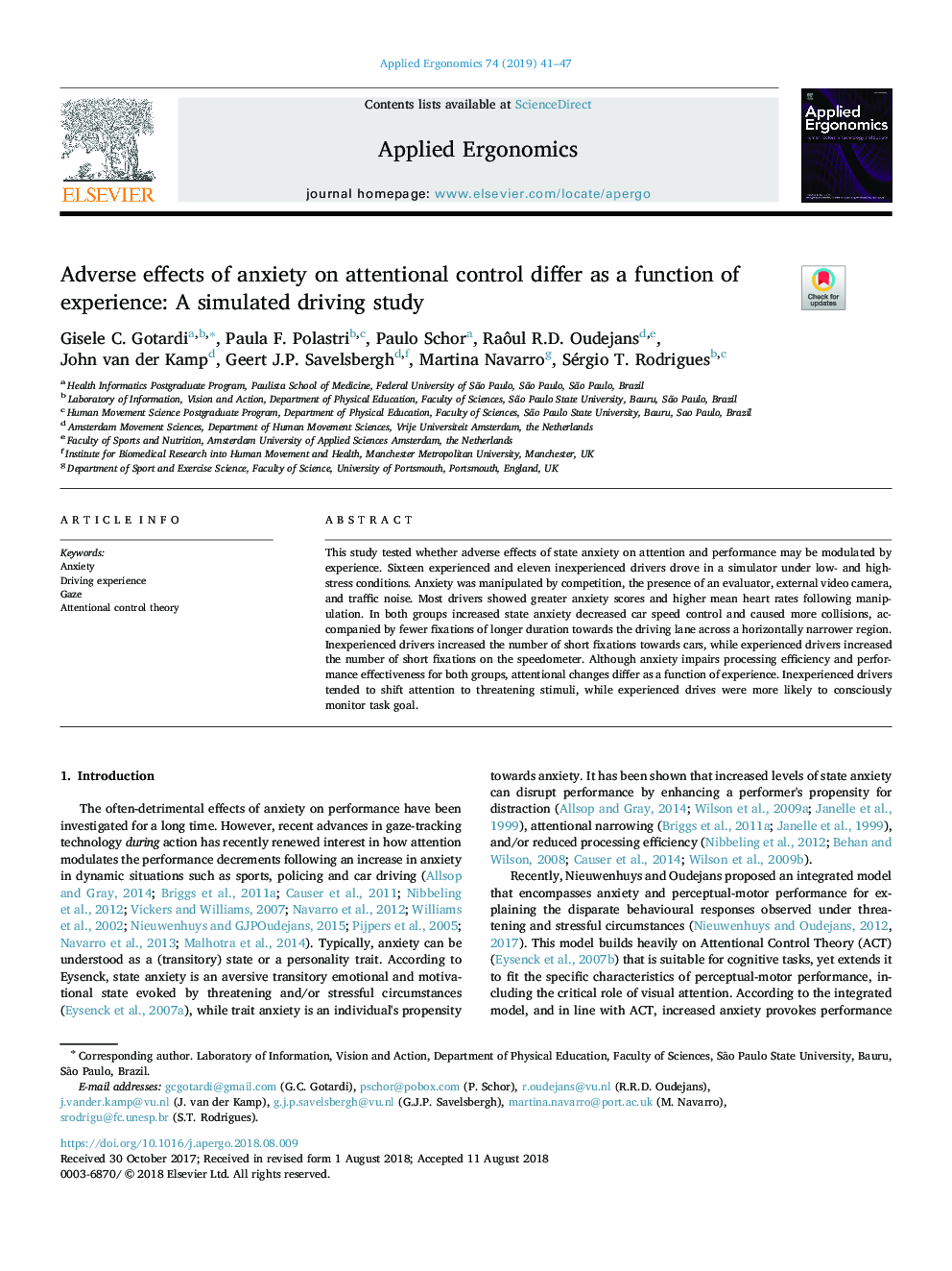 Adverse effects of anxiety on attentional control differ as a function of experience: A simulated driving study