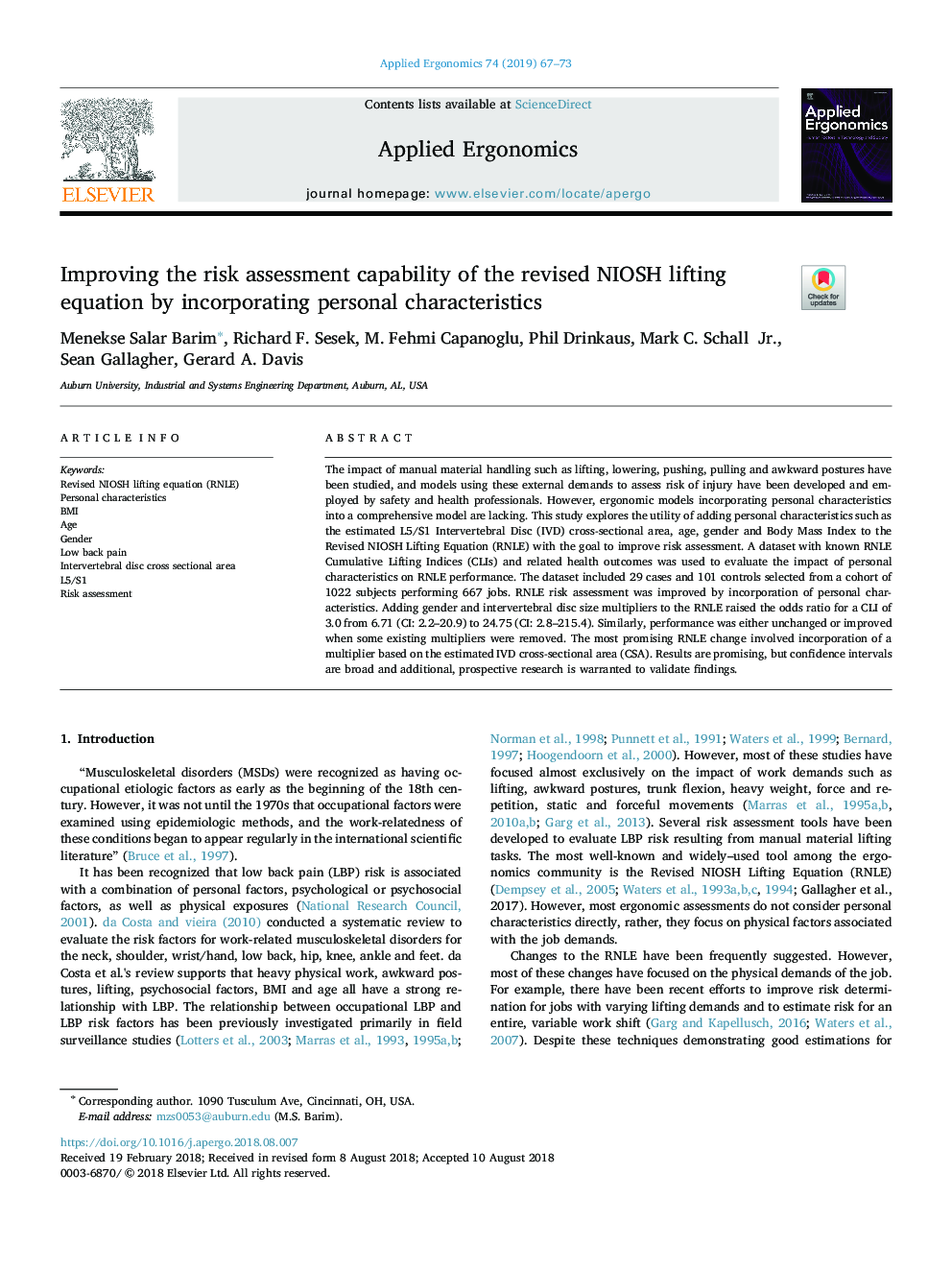 Improving the risk assessment capability of the revised NIOSH lifting equation by incorporating personal characteristics
