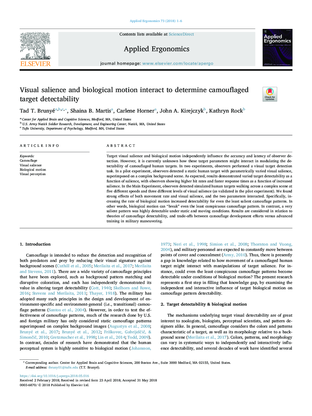 Visual salience and biological motion interact to determine camouflaged target detectability