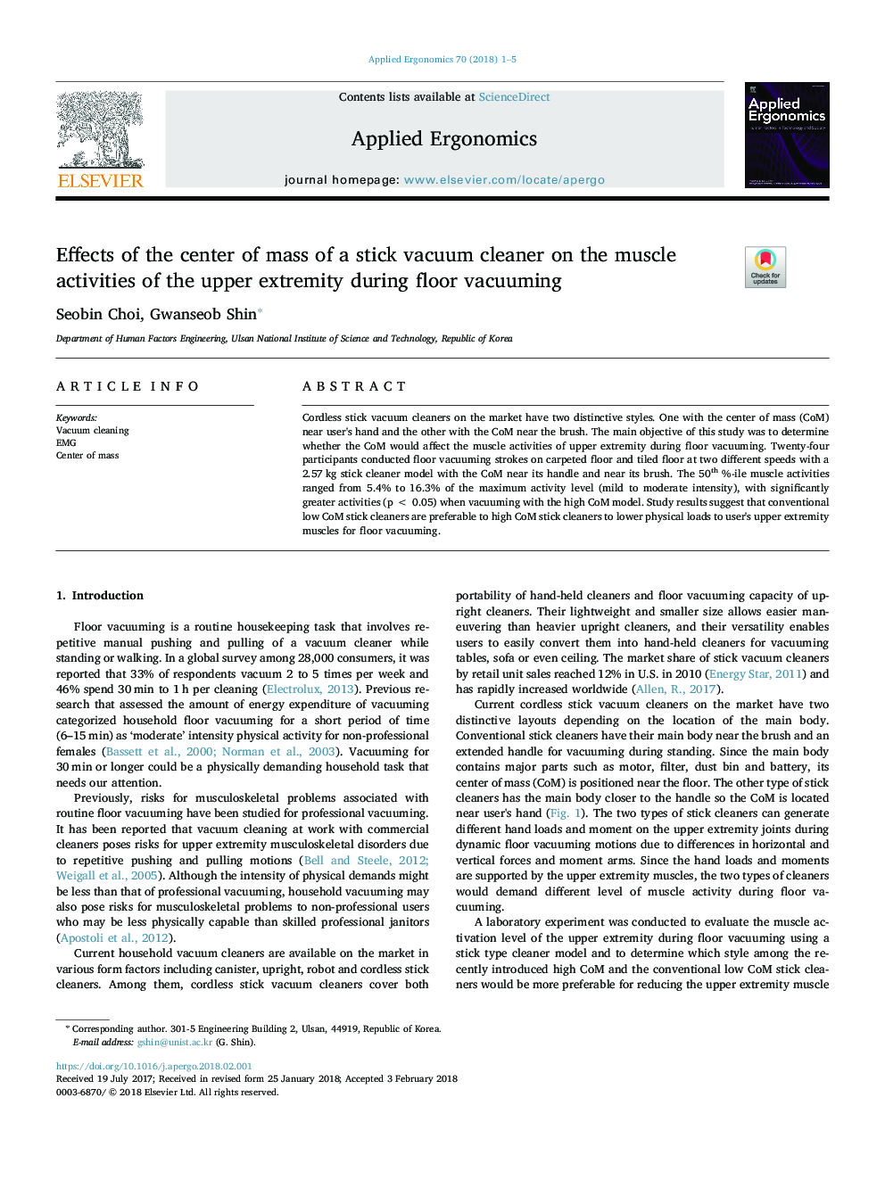 Effects of the center of mass of a stick vacuum cleaner on the muscle activities of the upper extremity during floor vacuuming