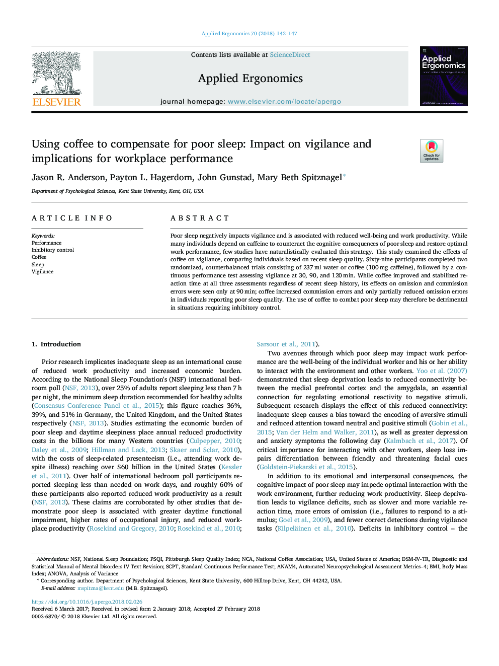 Using coffee to compensate for poor sleep: Impact on vigilance and implications for workplace performance