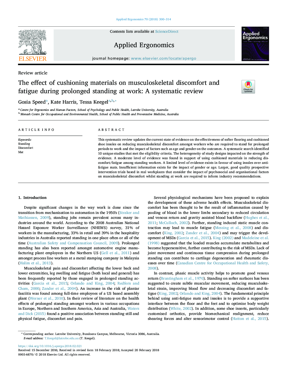 The effect of cushioning materials on musculoskeletal discomfort and fatigue during prolonged standing at work: A systematic review