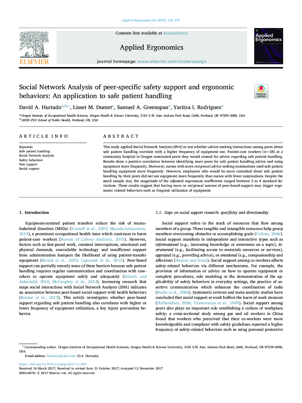 تجزیه و تحلیل شبکه های اجتماعی پشتیبانی ایمنی خاص و رفتارهای ارگونومی: یک برنامه کاربردی برای دست زدن به بیمار ایمن 