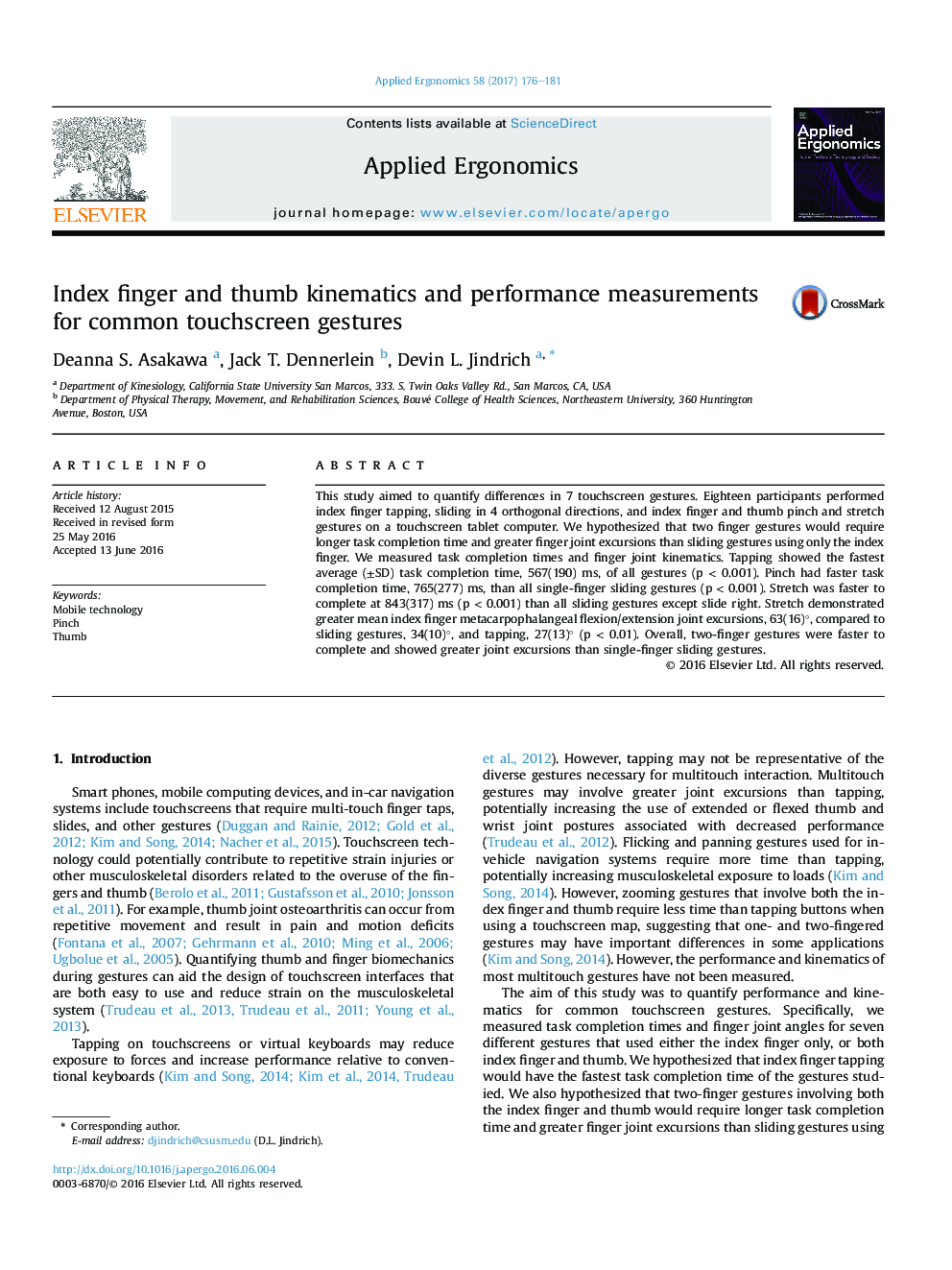 Index finger and thumb kinematics and performance measurements for common touchscreen gestures