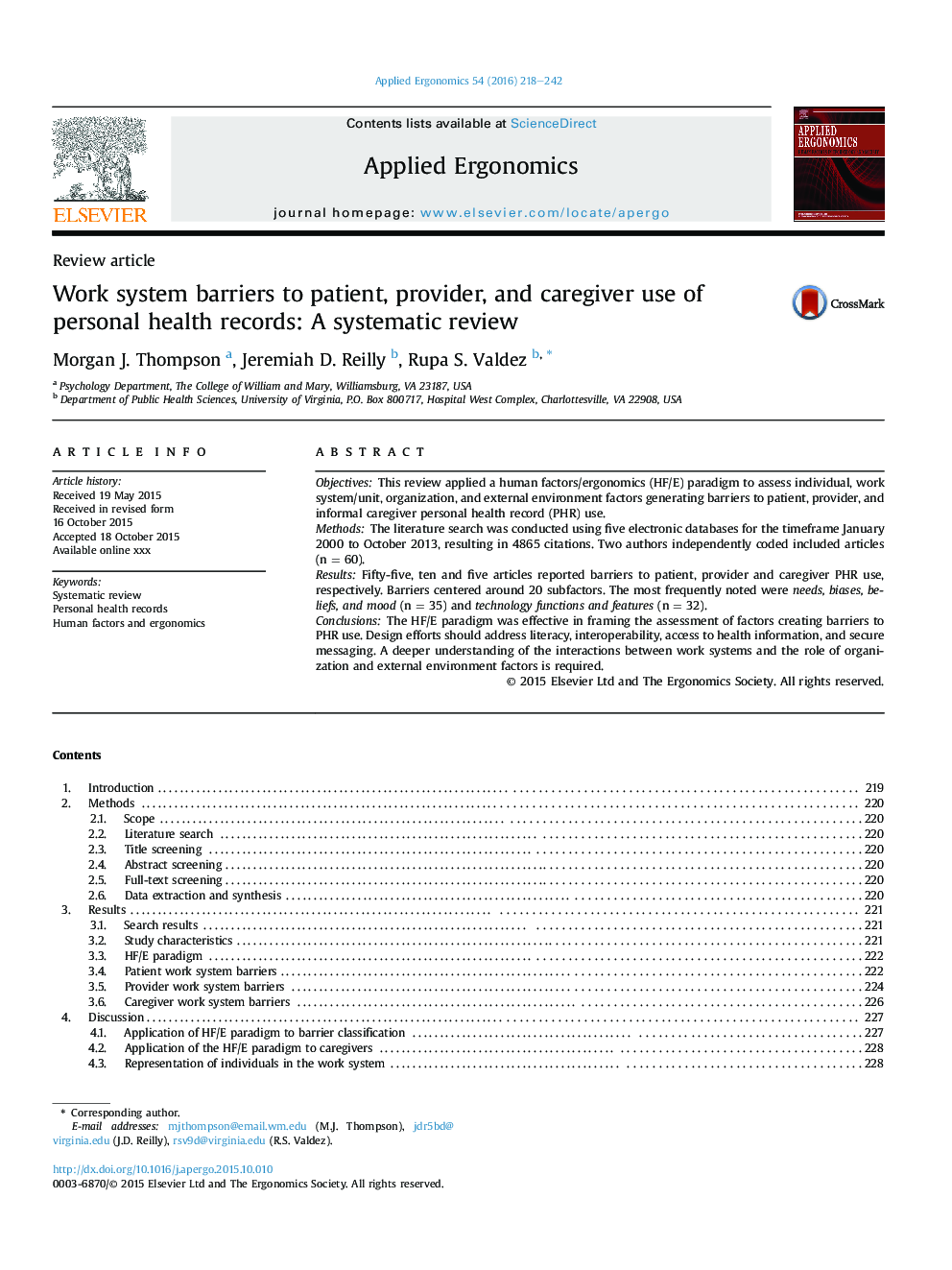 Work system barriers to patient, provider, and caregiver use of personal health records: A systematic review