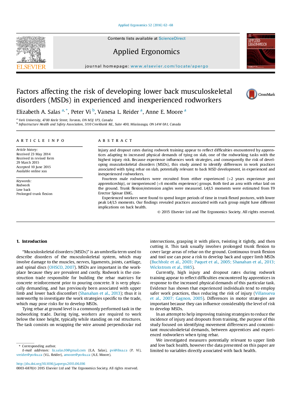 Factors affecting the risk of developing lower back musculoskeletal disorders (MSDs) in experienced and inexperienced rodworkers