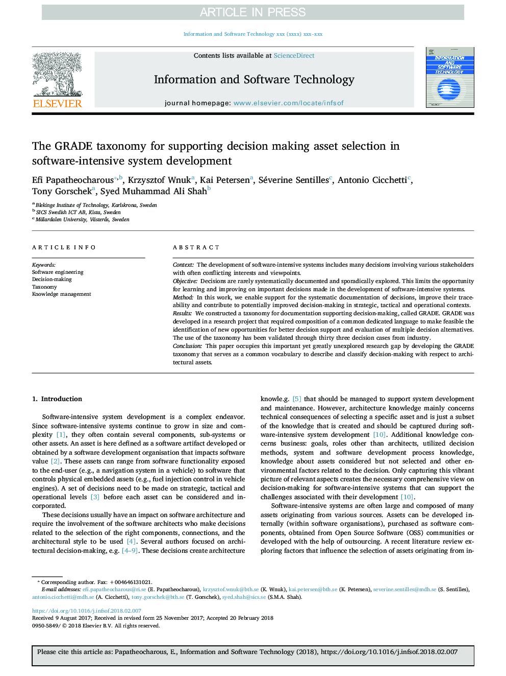 The GRADE taxonomy for supporting decision-making of asset selection in software-intensive system development